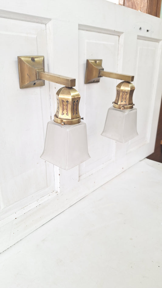 Antique Brass Sconces with Square Shades, Mission Style Sconces
