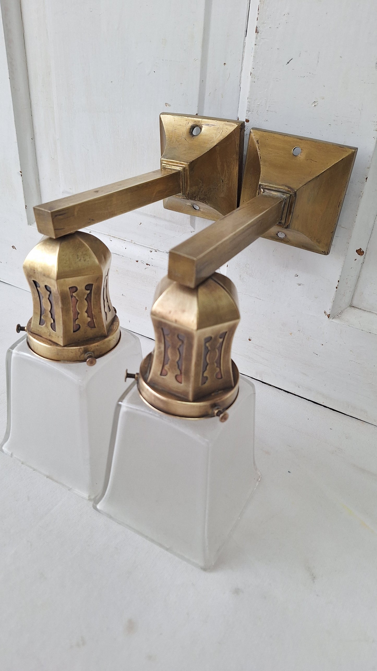 Antique Brass Sconces with Square Shades, Mission Style Sconces
