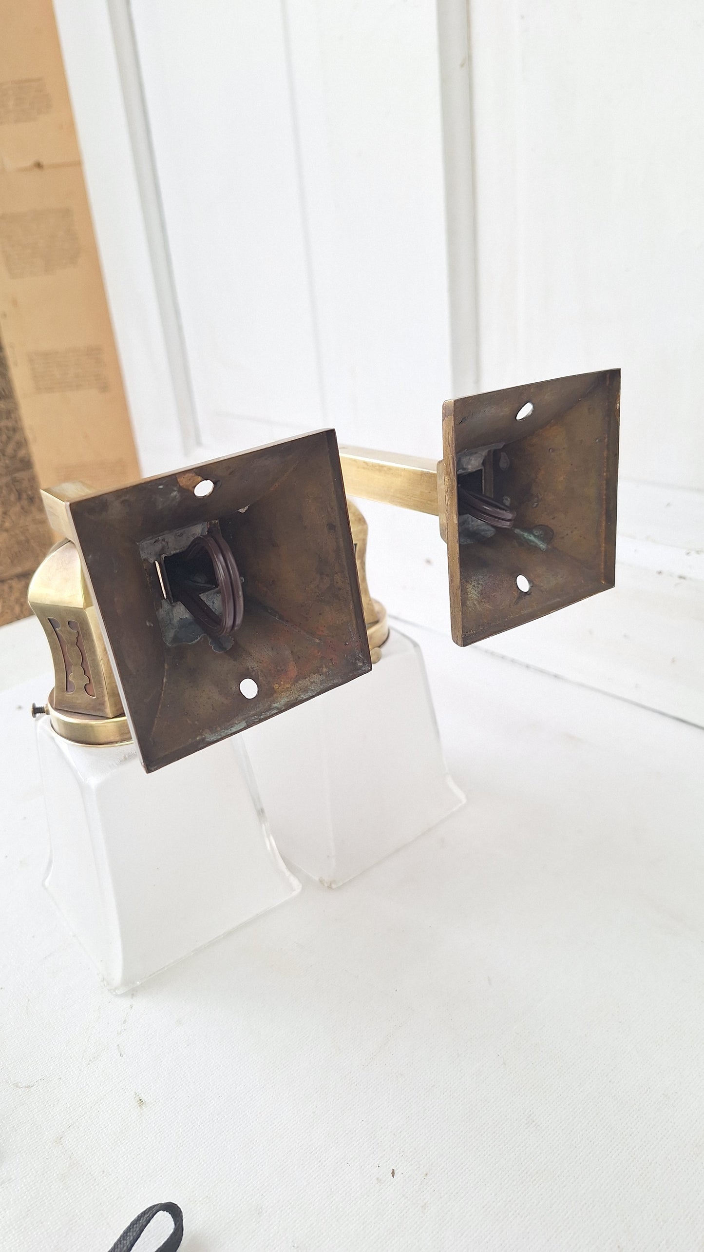 Antique Brass Sconces with Square Shades, Mission Style Sconces