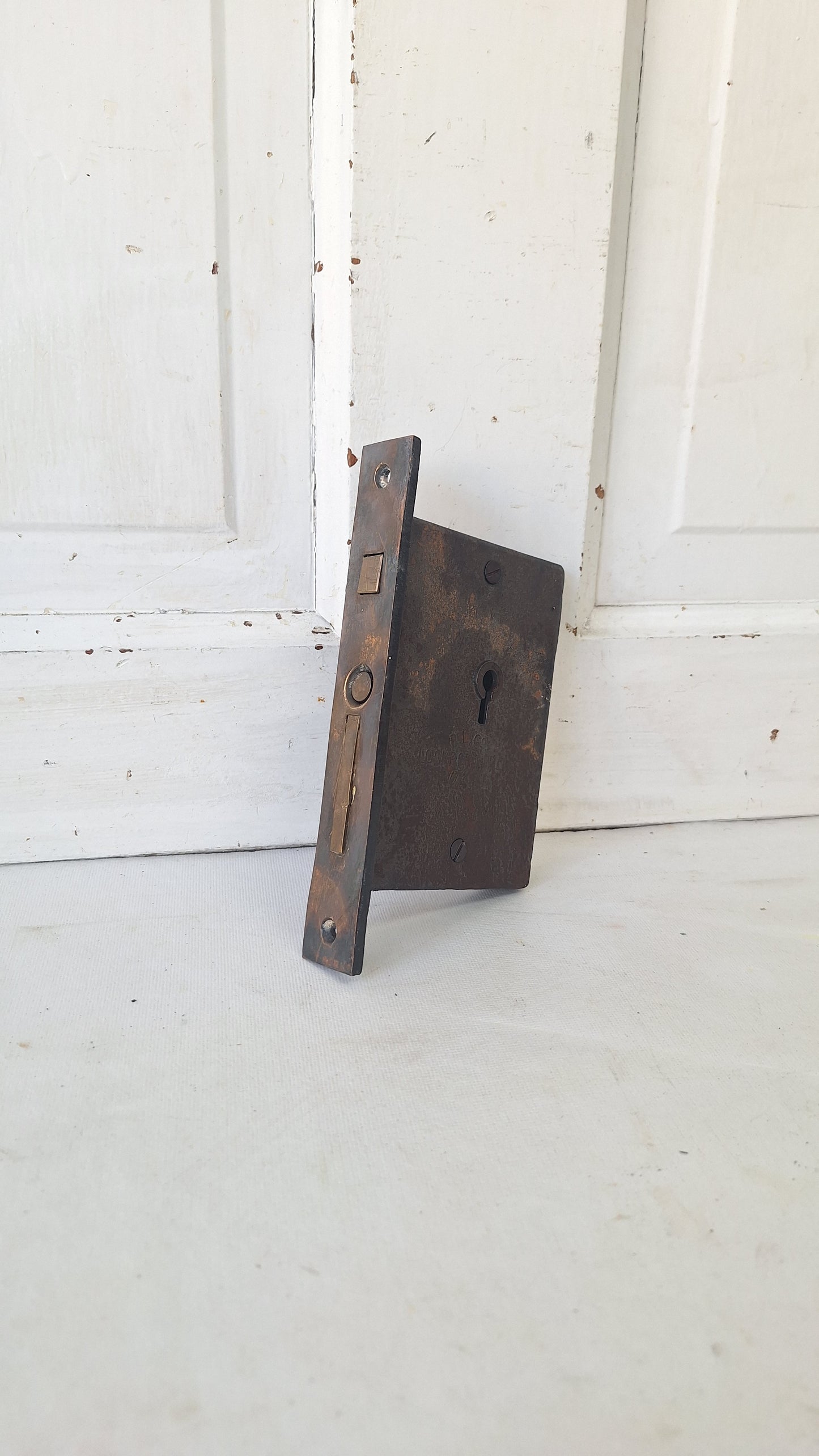 Antique Pocket Door Mortise Lock, Bronze Faceplate, Cast Iron Body