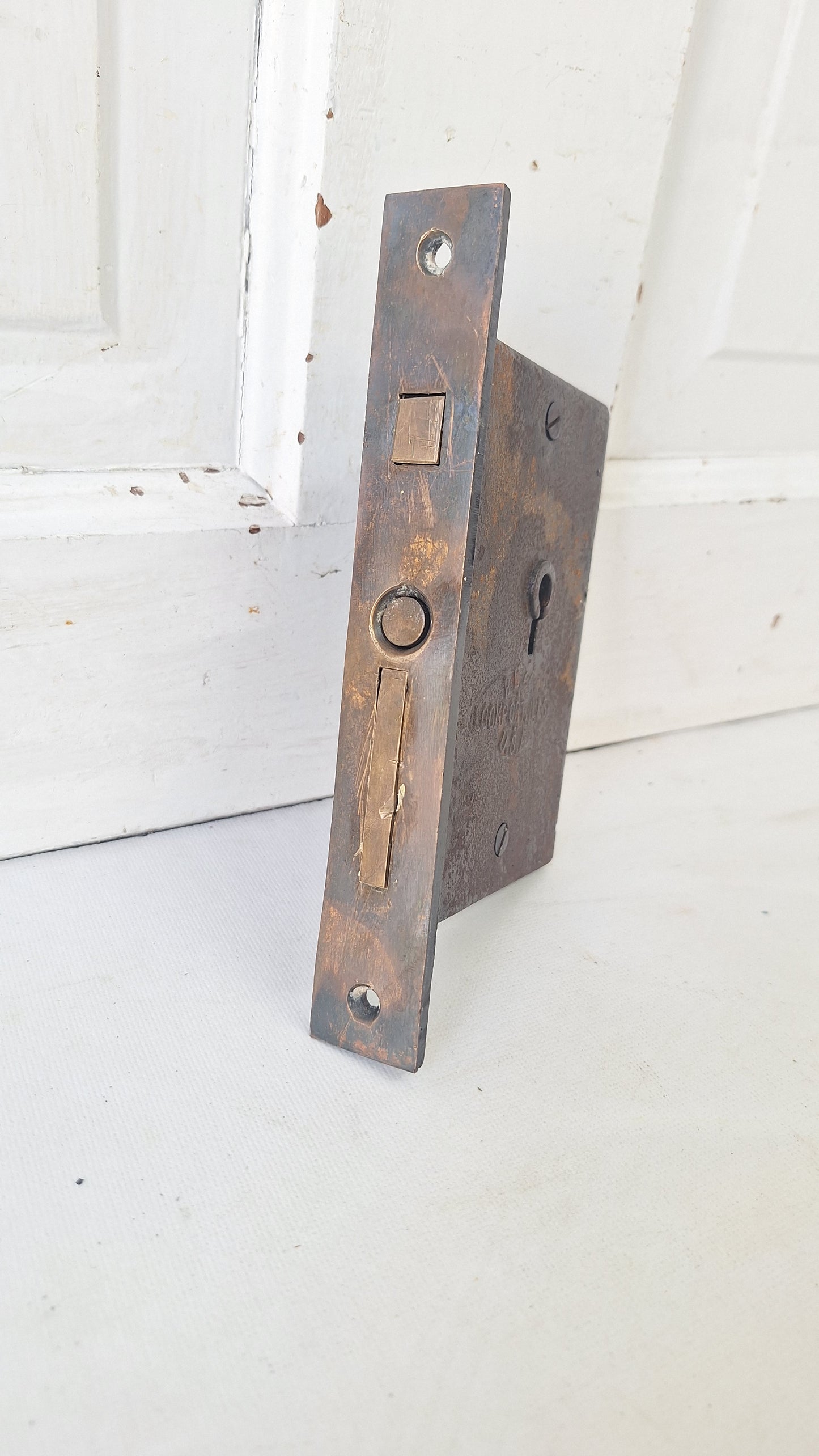 Antique Pocket Door Mortise Lock, Bronze Faceplate, Cast Iron Body