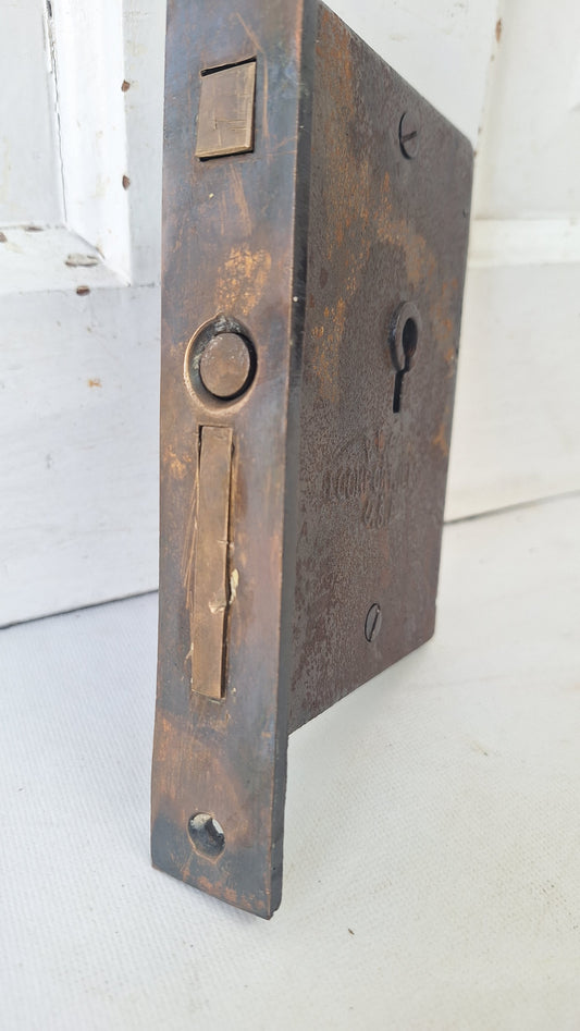 Antique Pocket Door Mortise Lock, Bronze Faceplate, Cast Iron Body