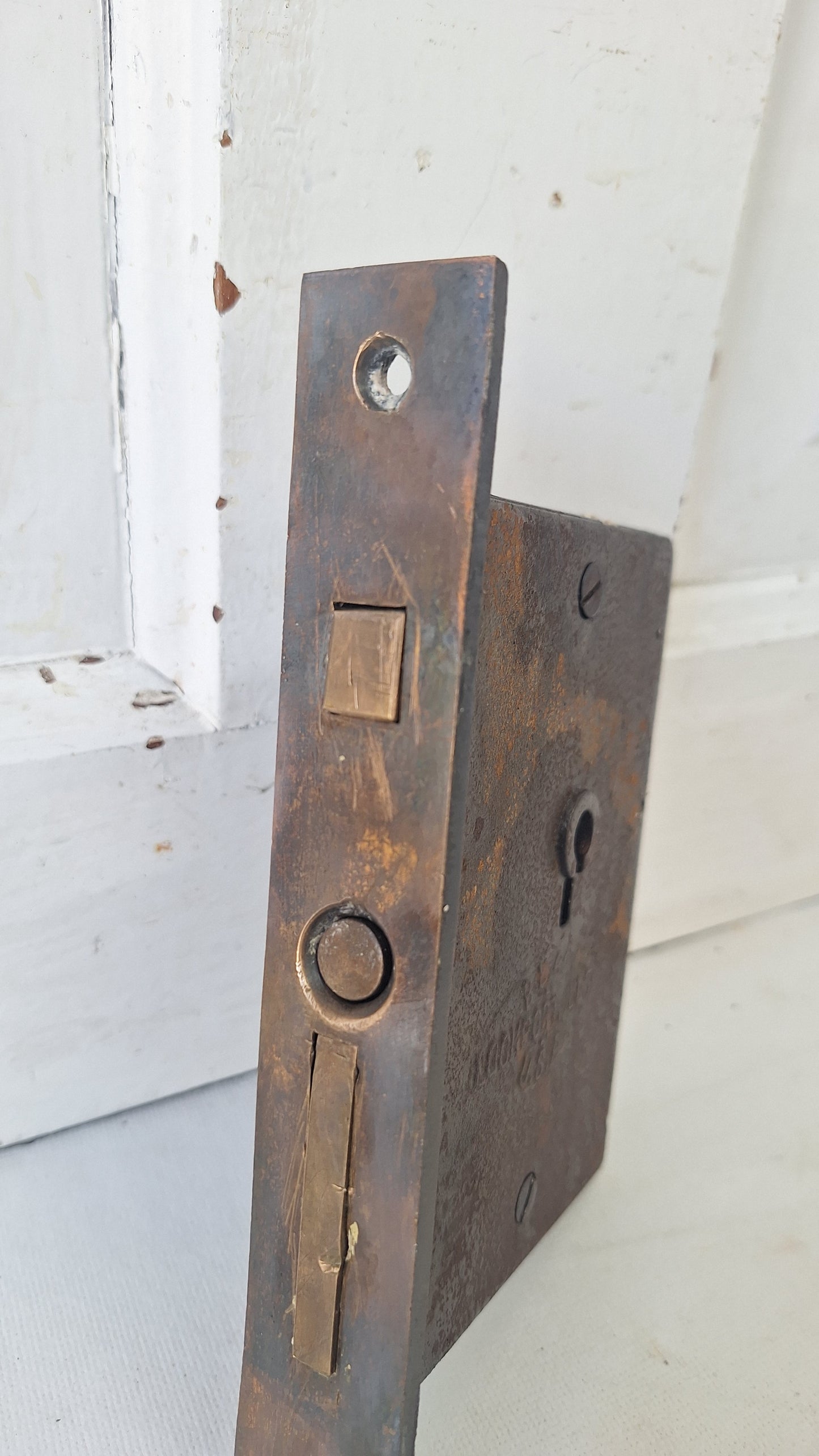Antique Pocket Door Mortise Lock, Bronze Faceplate, Cast Iron Body