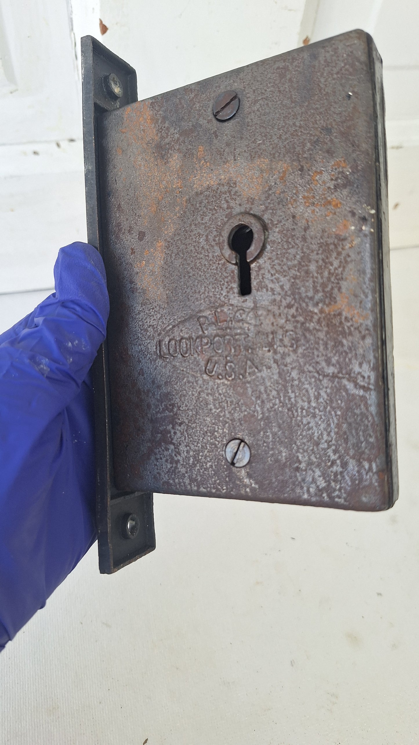 Antique Pocket Door Mortise Lock, Bronze Faceplate, Cast Iron Body