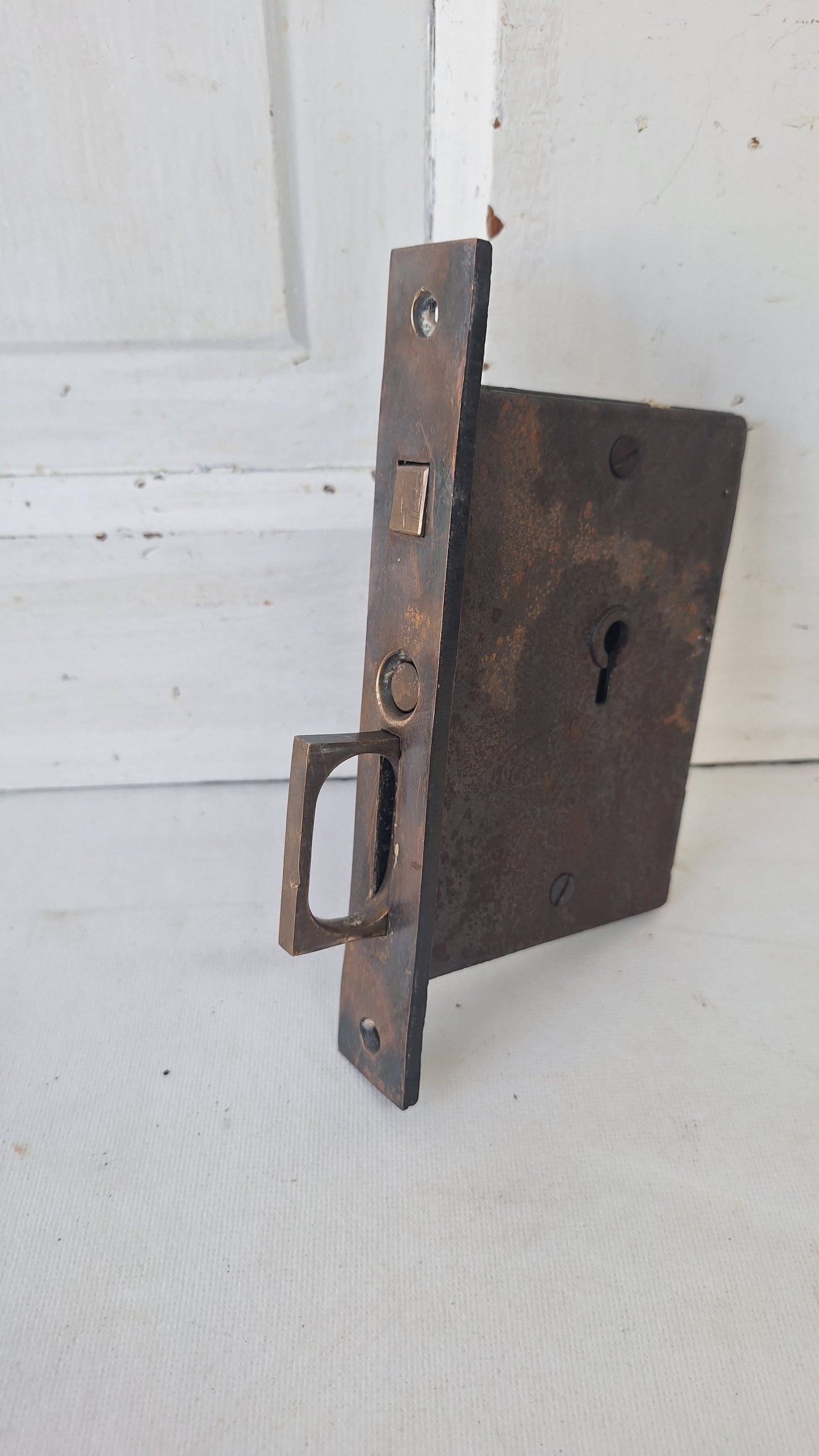 Antique Pocket Door Mortise Lock, Bronze Faceplate, Cast Iron Body