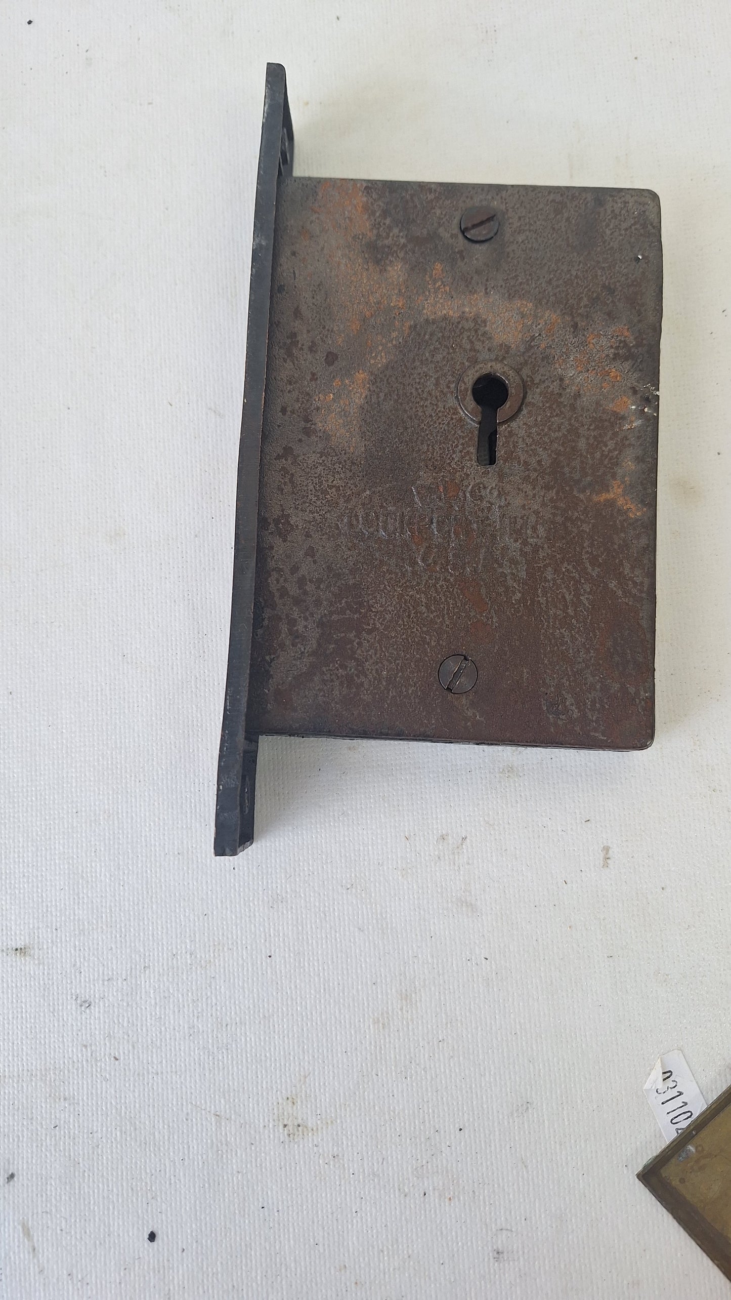 Antique Pocket Door Mortise Lock, Bronze Faceplate, Cast Iron Body