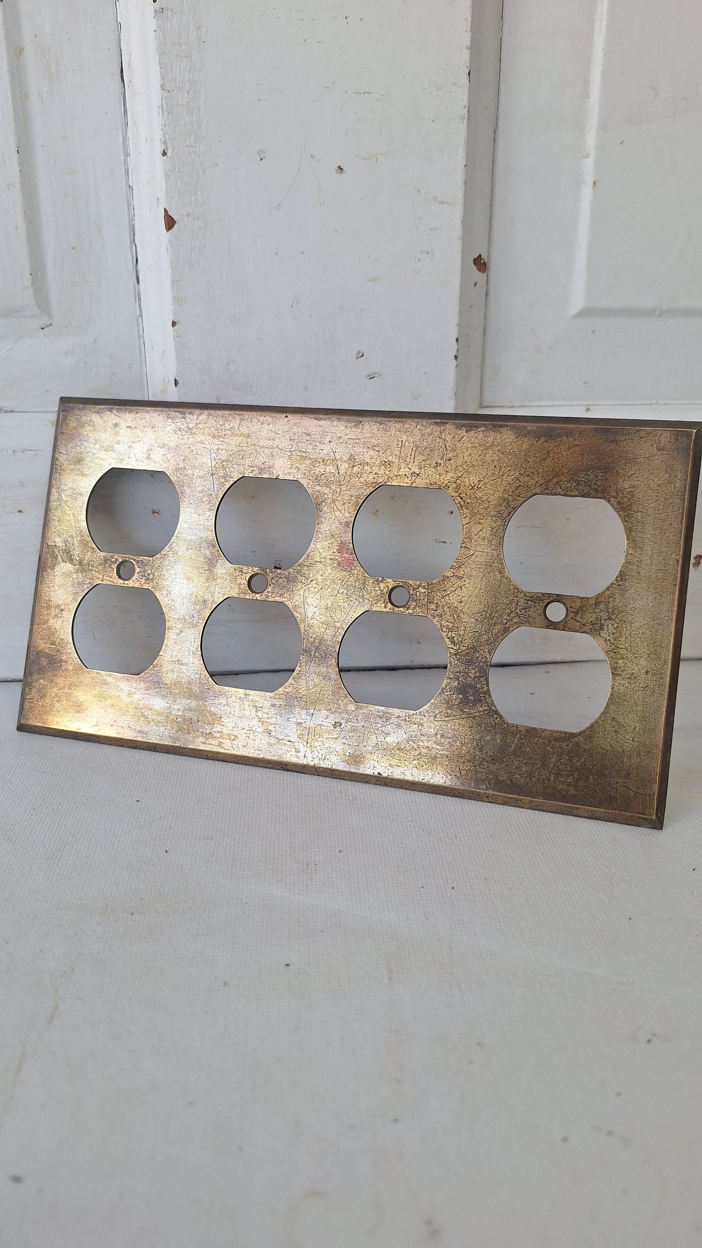 Vintage Brass Four Gang Outlet Cover, Eight Outlet Plate