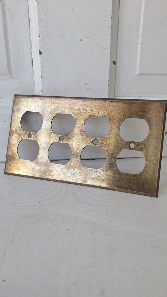Vintage Brass Four Gang Outlet Cover, Eight Outlet Plate
