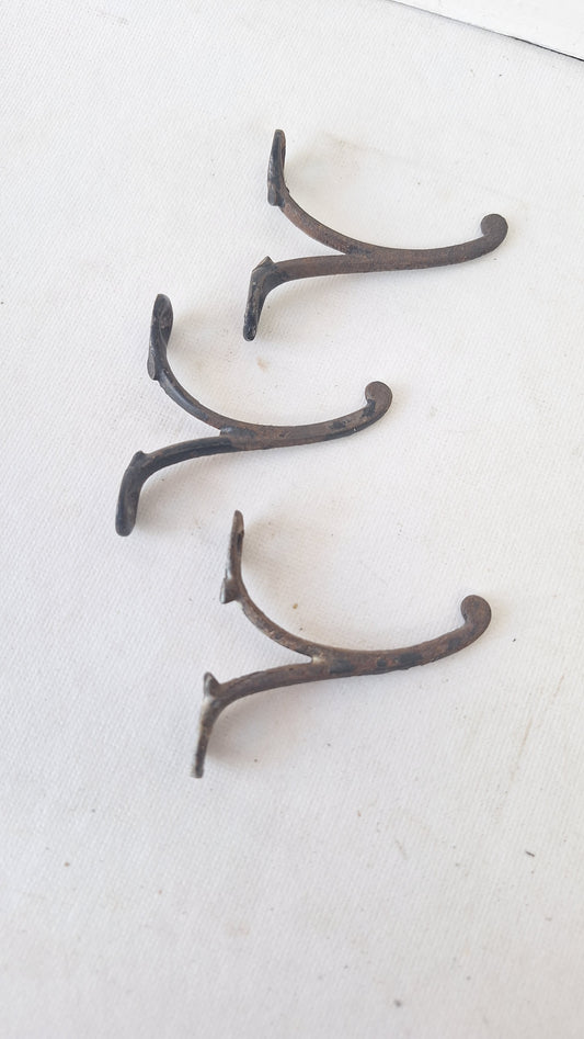 Three Small Antique Hooks, Cast Iron Vintage Hooks