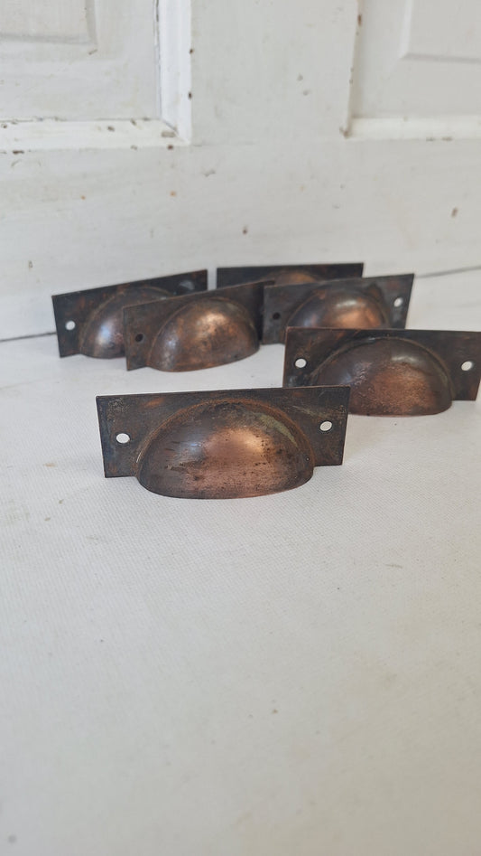 6 Vintage Cup Pulls, Copper Plated Drawer Handles