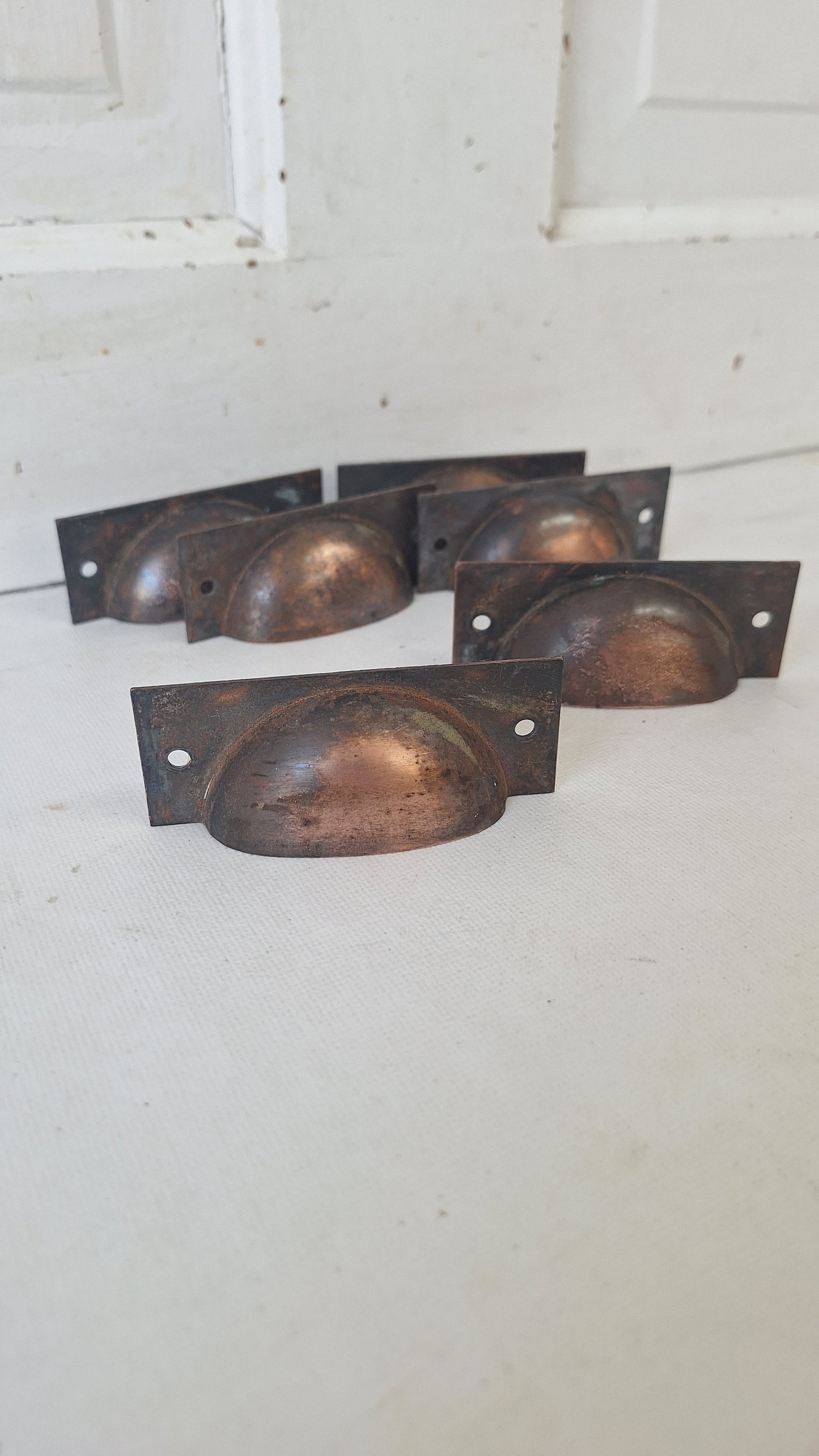 6 Vintage Cup Pulls, Copper Plated Drawer Handles