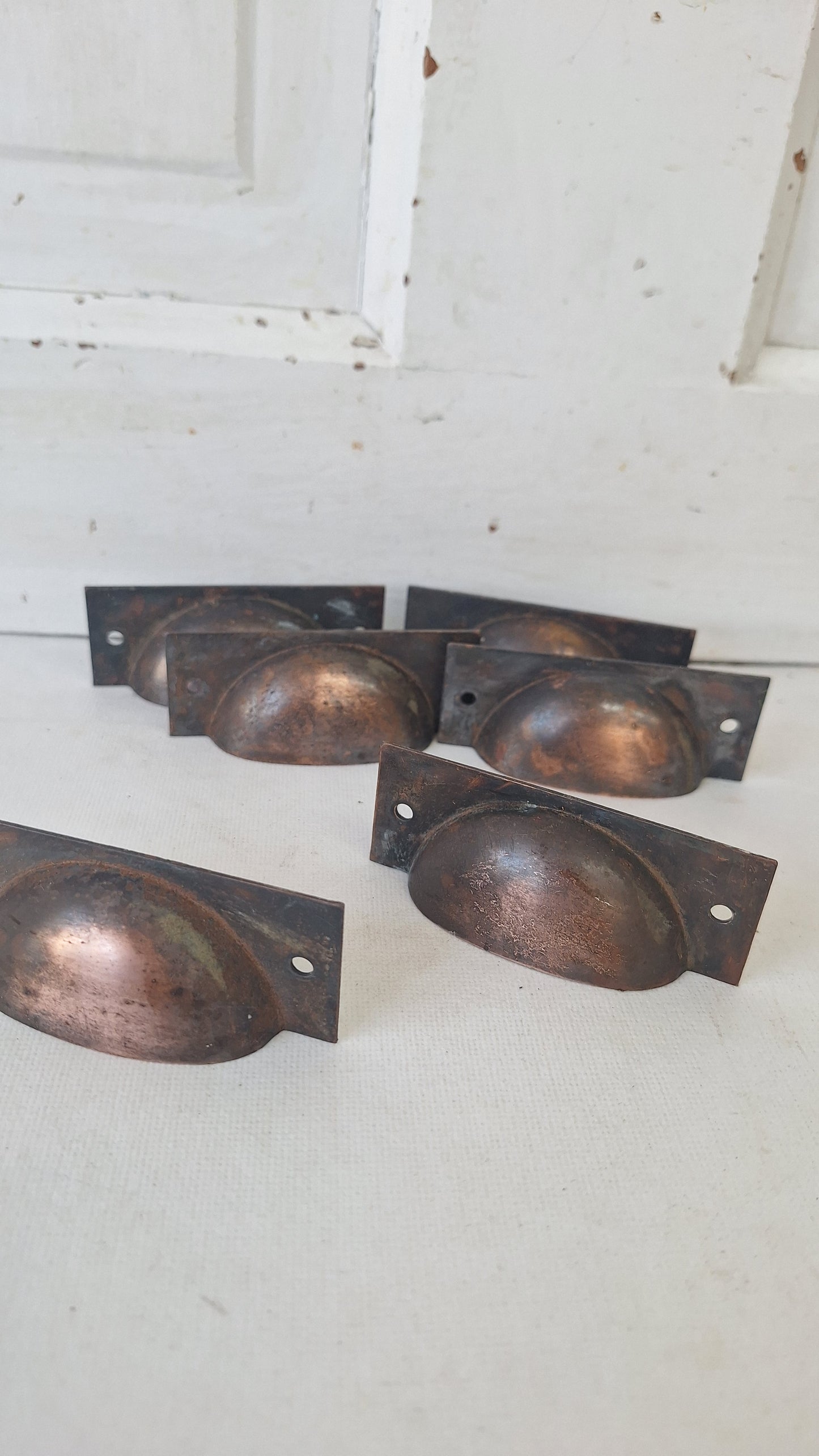 6 Vintage Cup Pulls, Copper Plated Drawer Handles