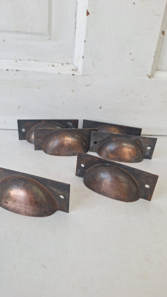 6 Vintage Cup Pulls, Copper Plated Drawer Handles
