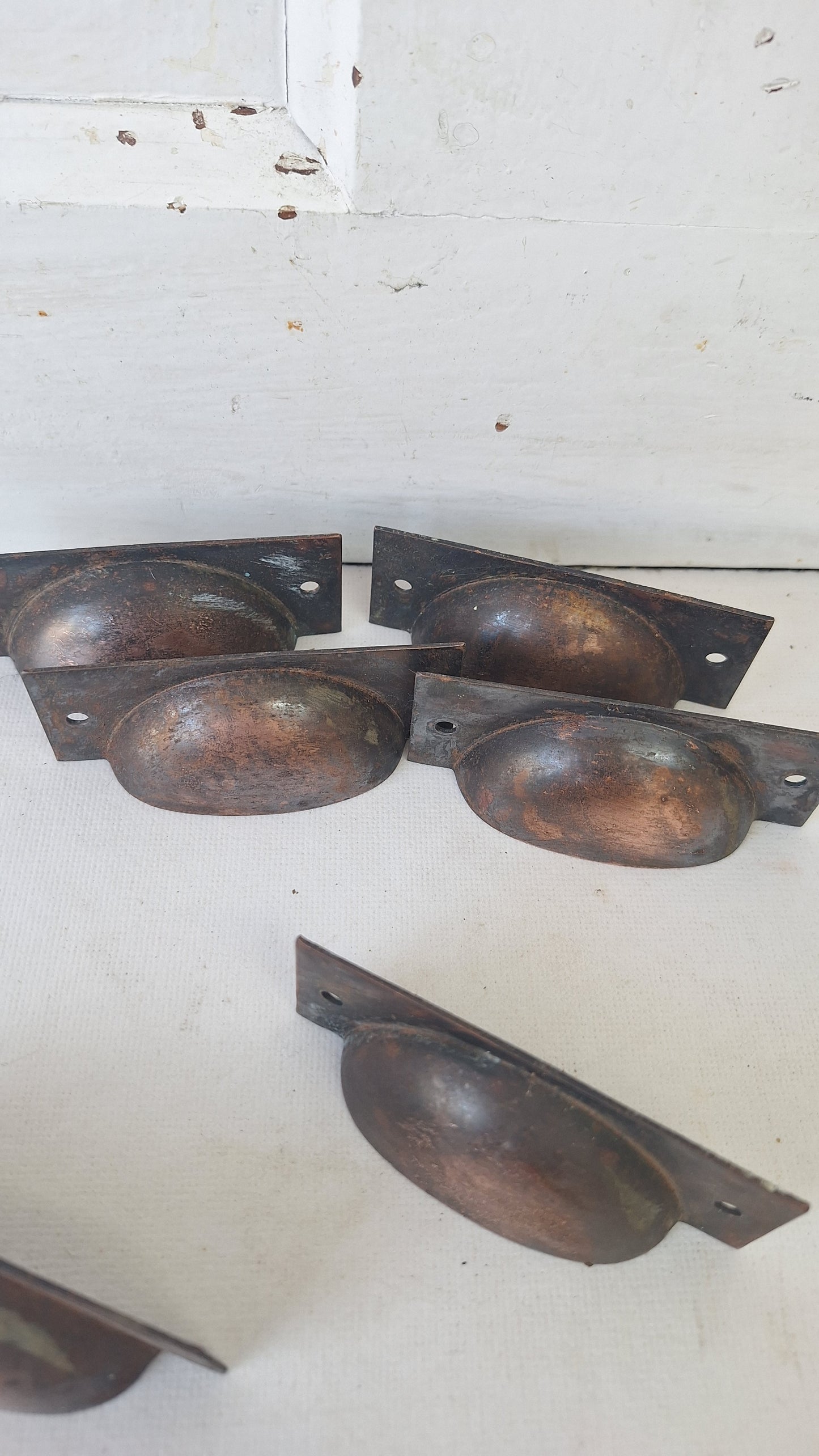 6 Vintage Cup Pulls, Copper Plated Drawer Handles