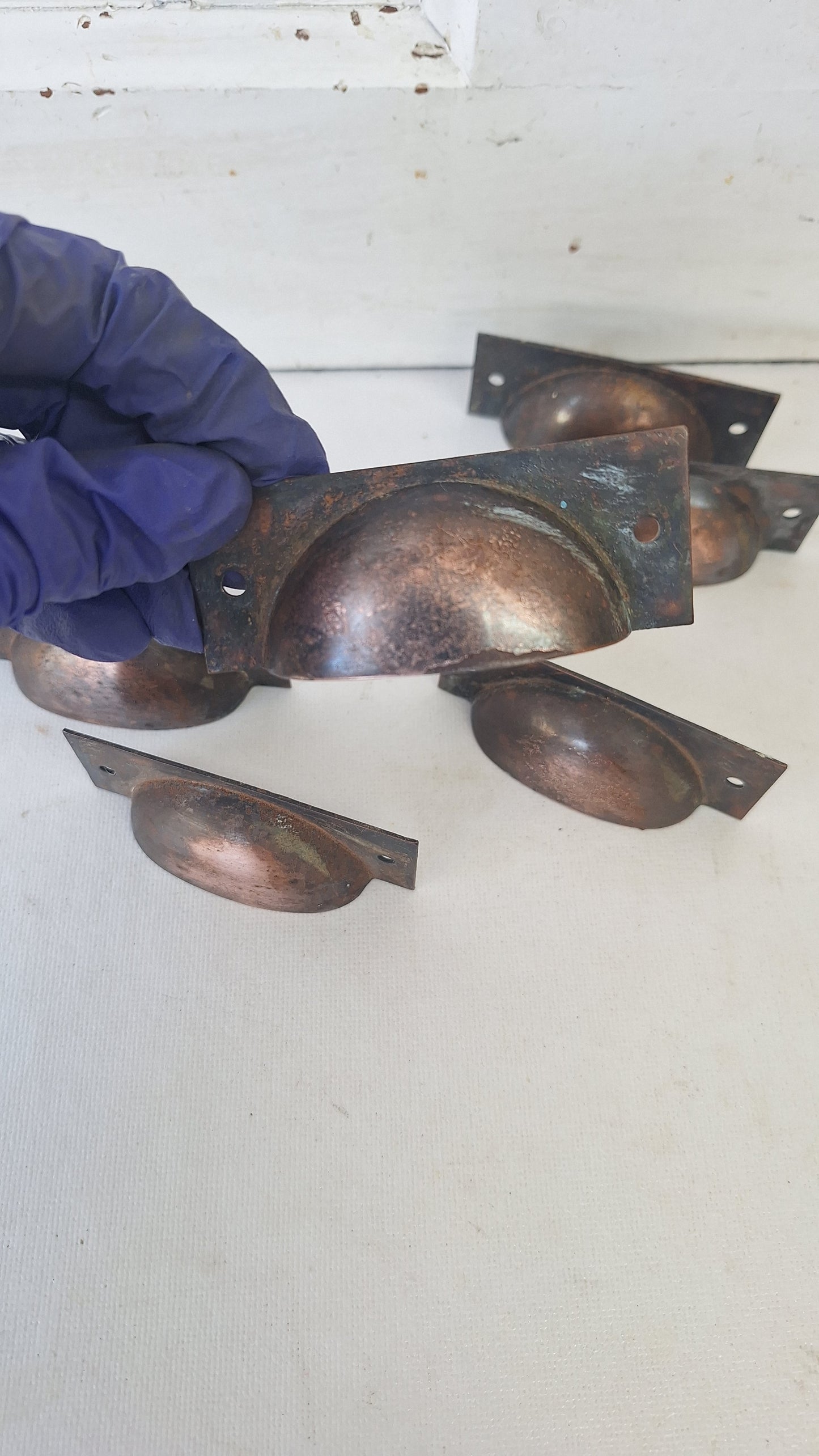 6 Vintage Cup Pulls, Copper Plated Drawer Handles