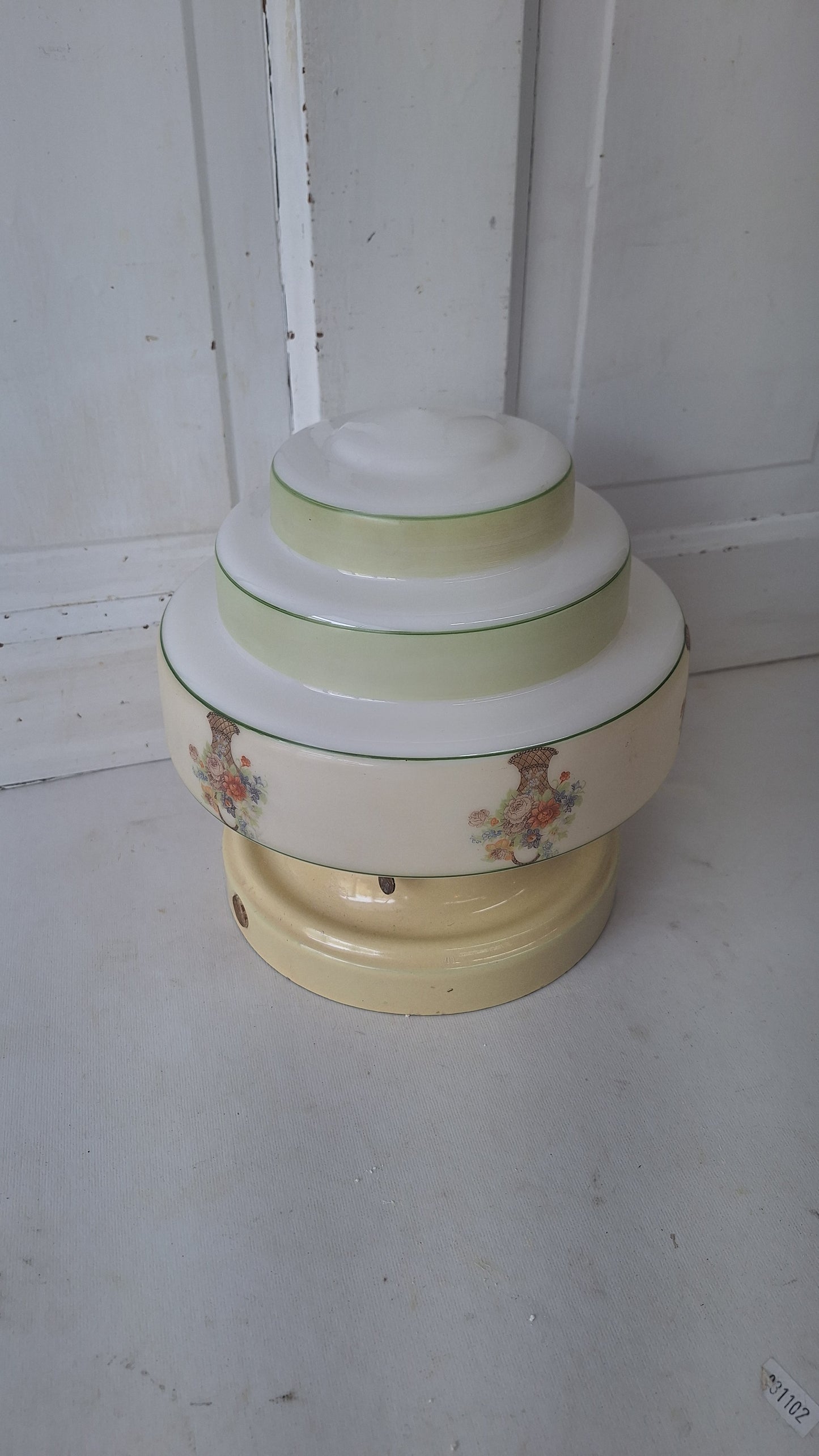 Wedding Cake Style Vintage Ceiling Light, Floral Stencil Glass and Porcelain Fixture