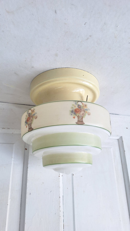 Wedding Cake Style Vintage Ceiling Light, Floral Stencil Glass and Porcelain Fixture