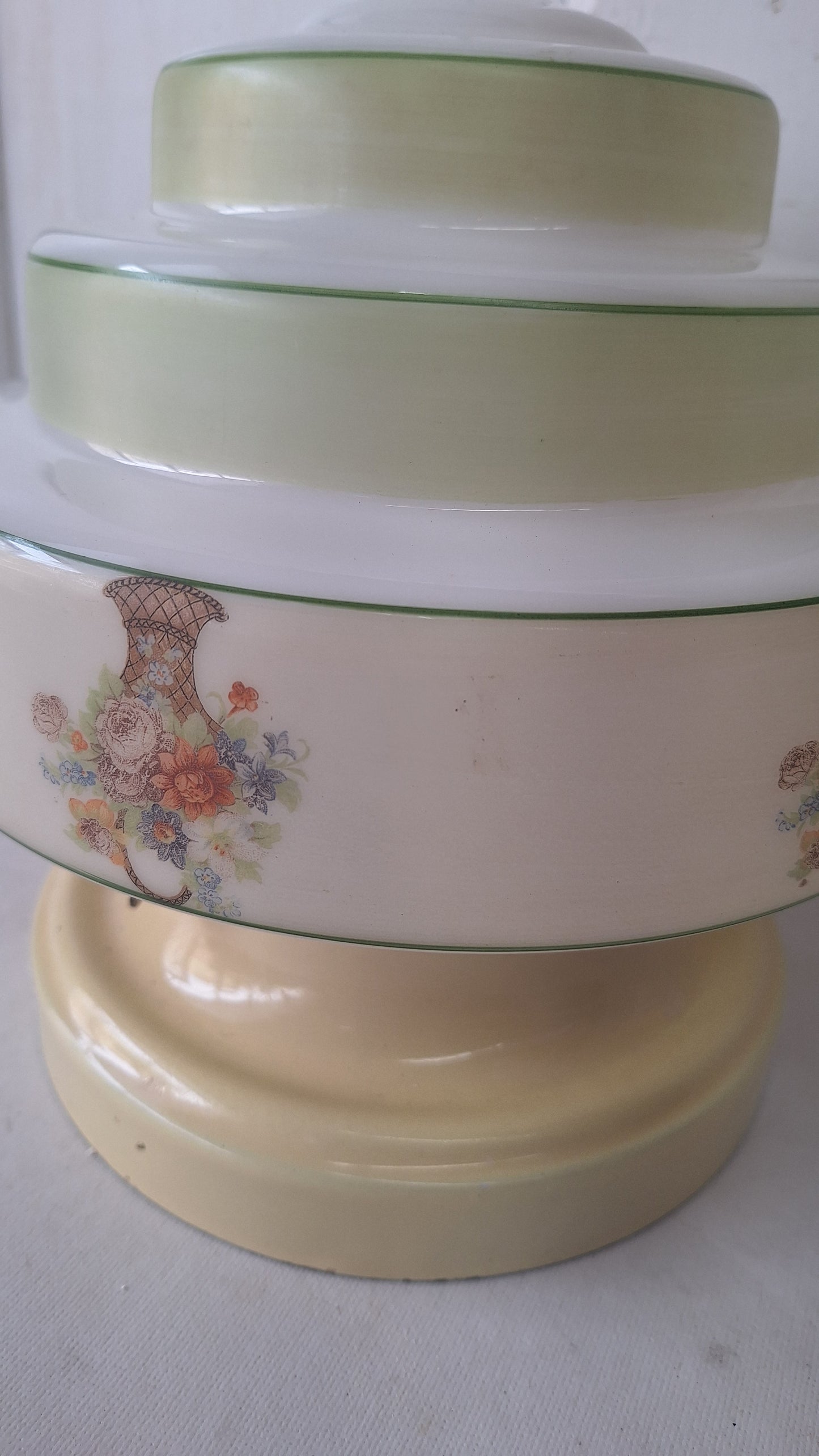 Wedding Cake Style Vintage Ceiling Light, Floral Stencil Glass and Porcelain Fixture