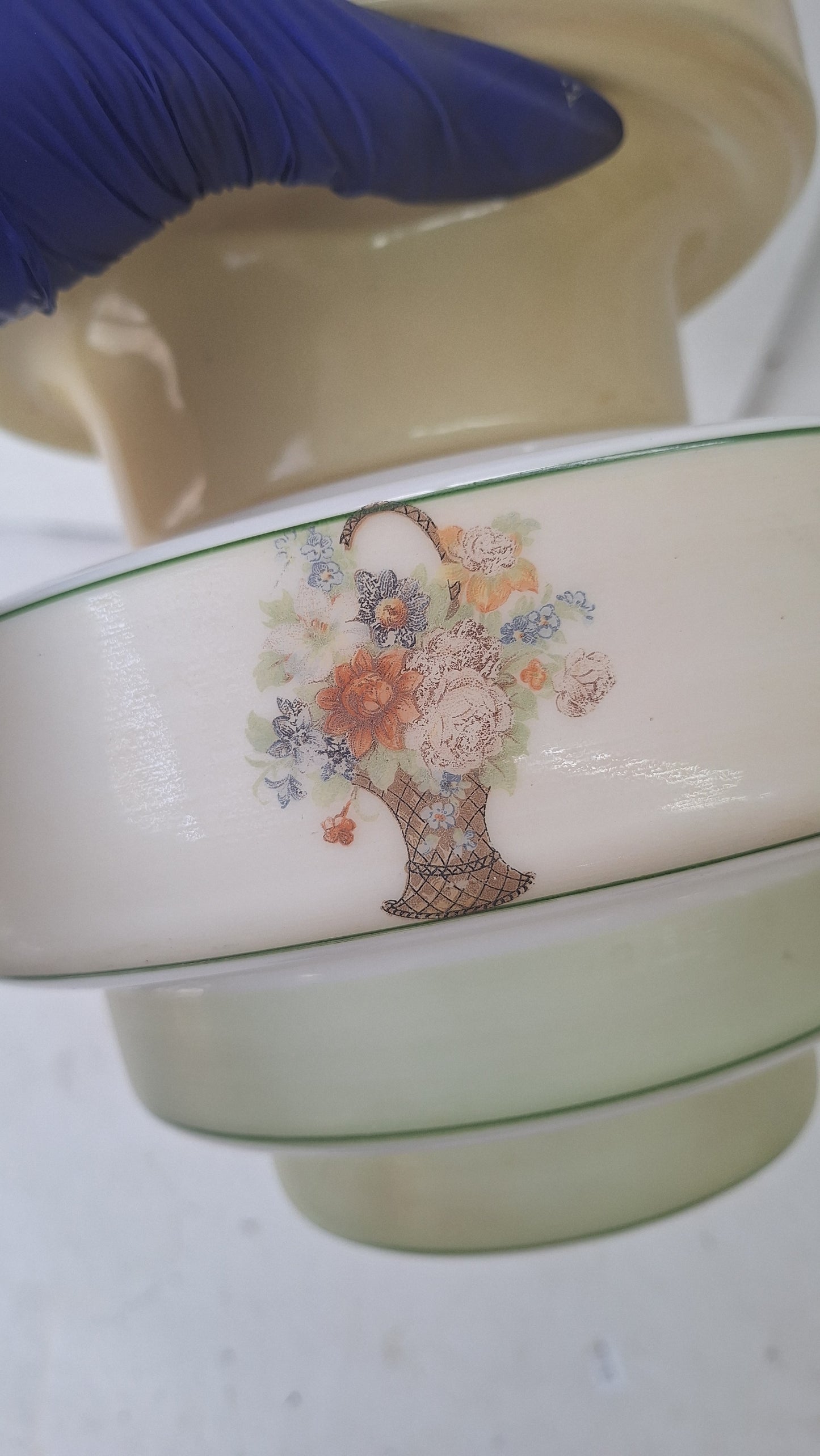 Wedding Cake Style Vintage Ceiling Light, Floral Stencil Glass and Porcelain Fixture