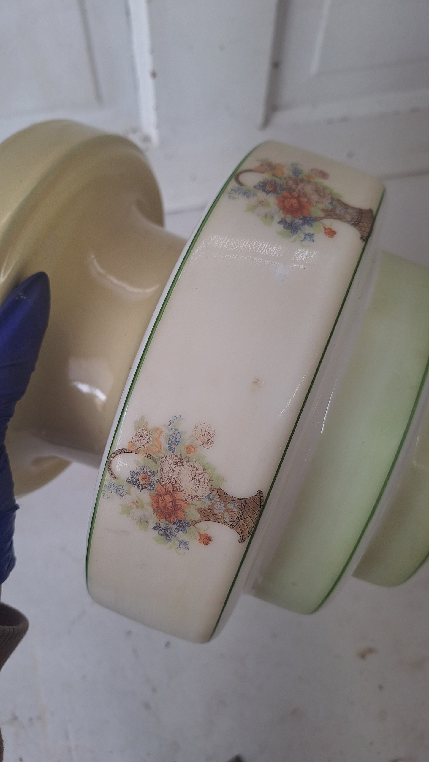 Wedding Cake Style Vintage Ceiling Light, Floral Stencil Glass and Porcelain Fixture