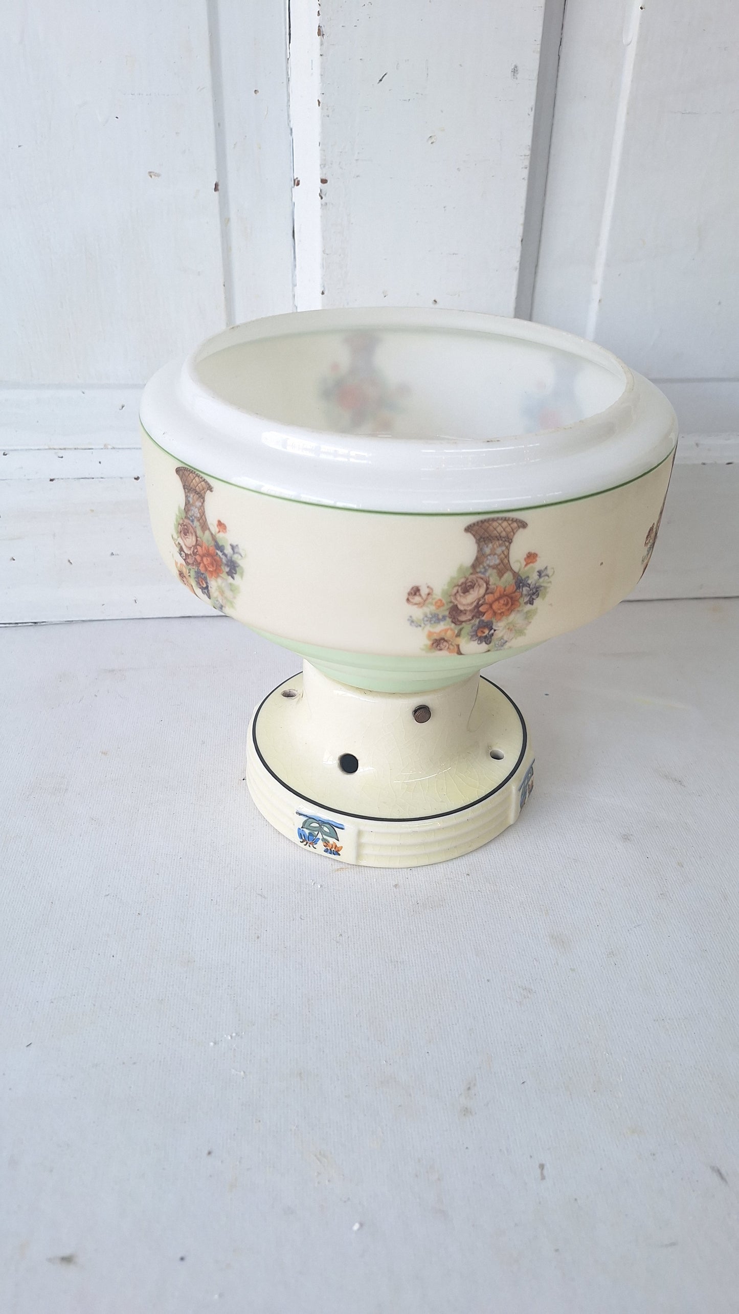 Wedding Cake Style Vintage Ceiling Light, Floral Stencil Glass and Porcelain Fixture