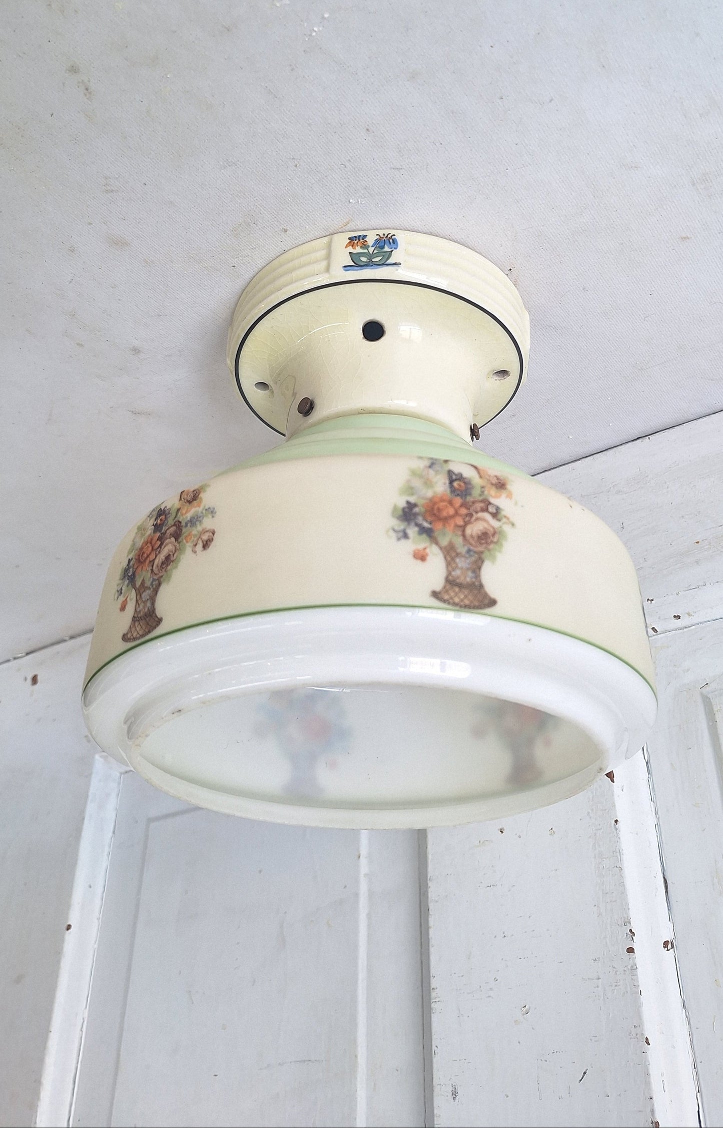 Wedding Cake Style Vintage Ceiling Light, Floral Stencil Glass and Porcelain Fixture