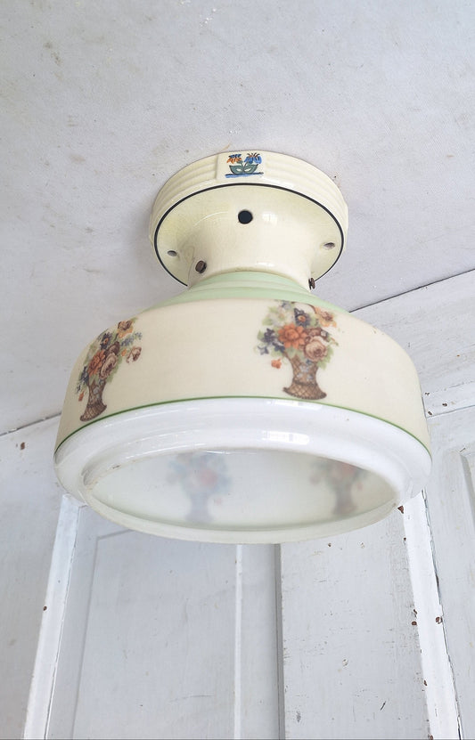 Wedding Cake Style Vintage Ceiling Light, Floral Stencil Glass and Porcelain Fixture