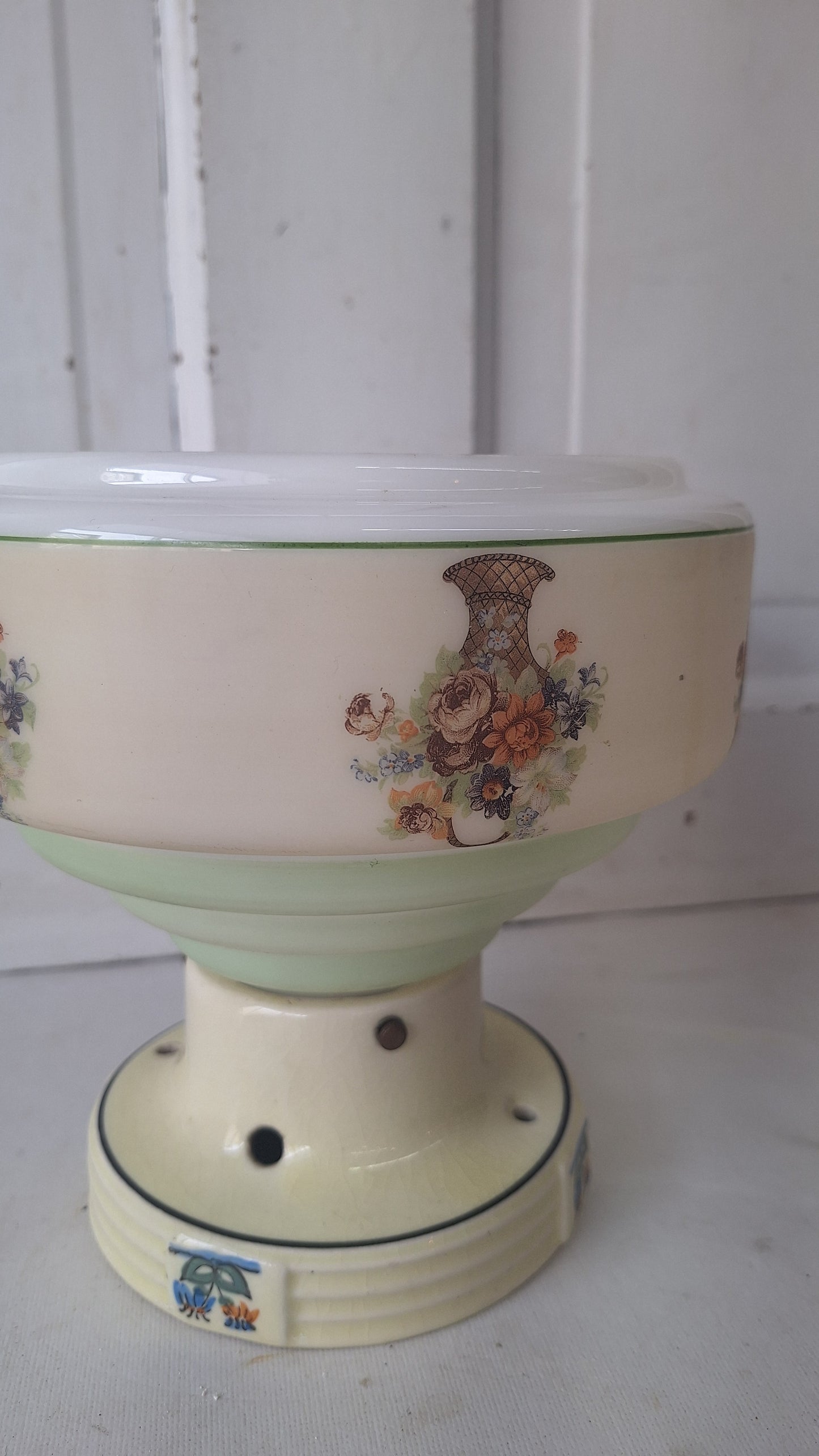 Wedding Cake Style Vintage Ceiling Light, Floral Stencil Glass and Porcelain Fixture