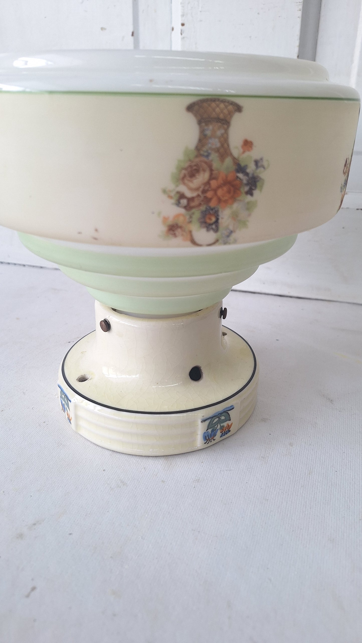 Wedding Cake Style Vintage Ceiling Light, Floral Stencil Glass and Porcelain Fixture