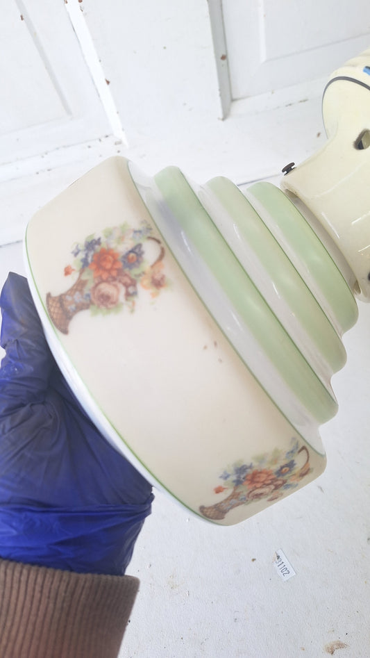 Wedding Cake Style Vintage Ceiling Light, Floral Stencil Glass and Porcelain Fixture