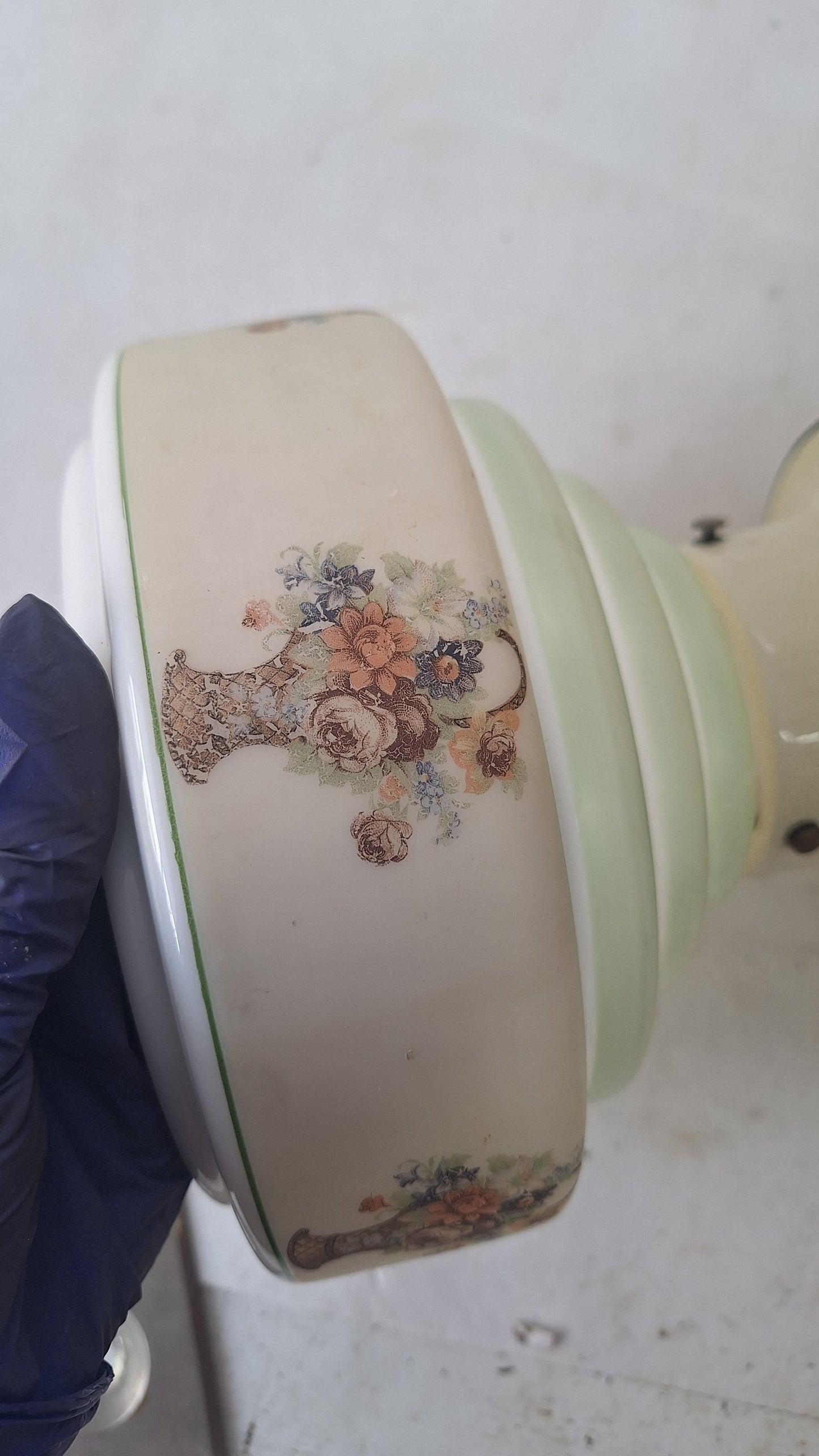 Wedding Cake Style Vintage Ceiling Light, Floral Stencil Glass and Porcelain Fixture