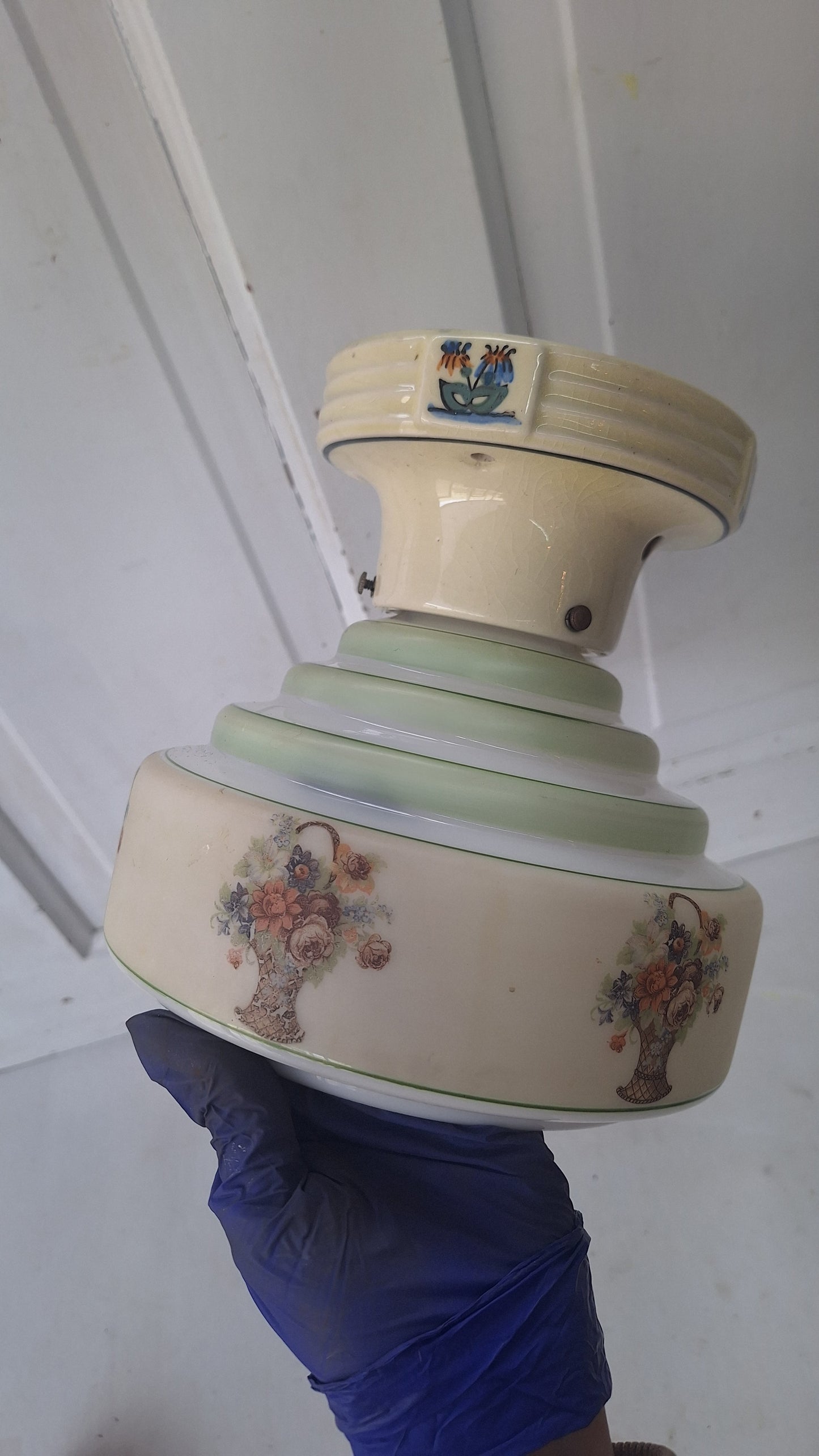 Wedding Cake Style Vintage Ceiling Light, Floral Stencil Glass and Porcelain Fixture
