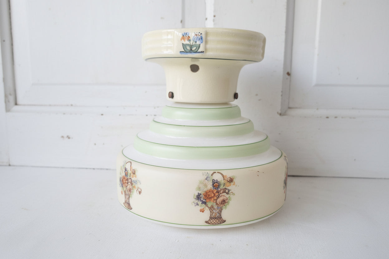 Wedding Cake Style Vintage Ceiling Light, Floral Stencil Glass and Porcelain Fixture