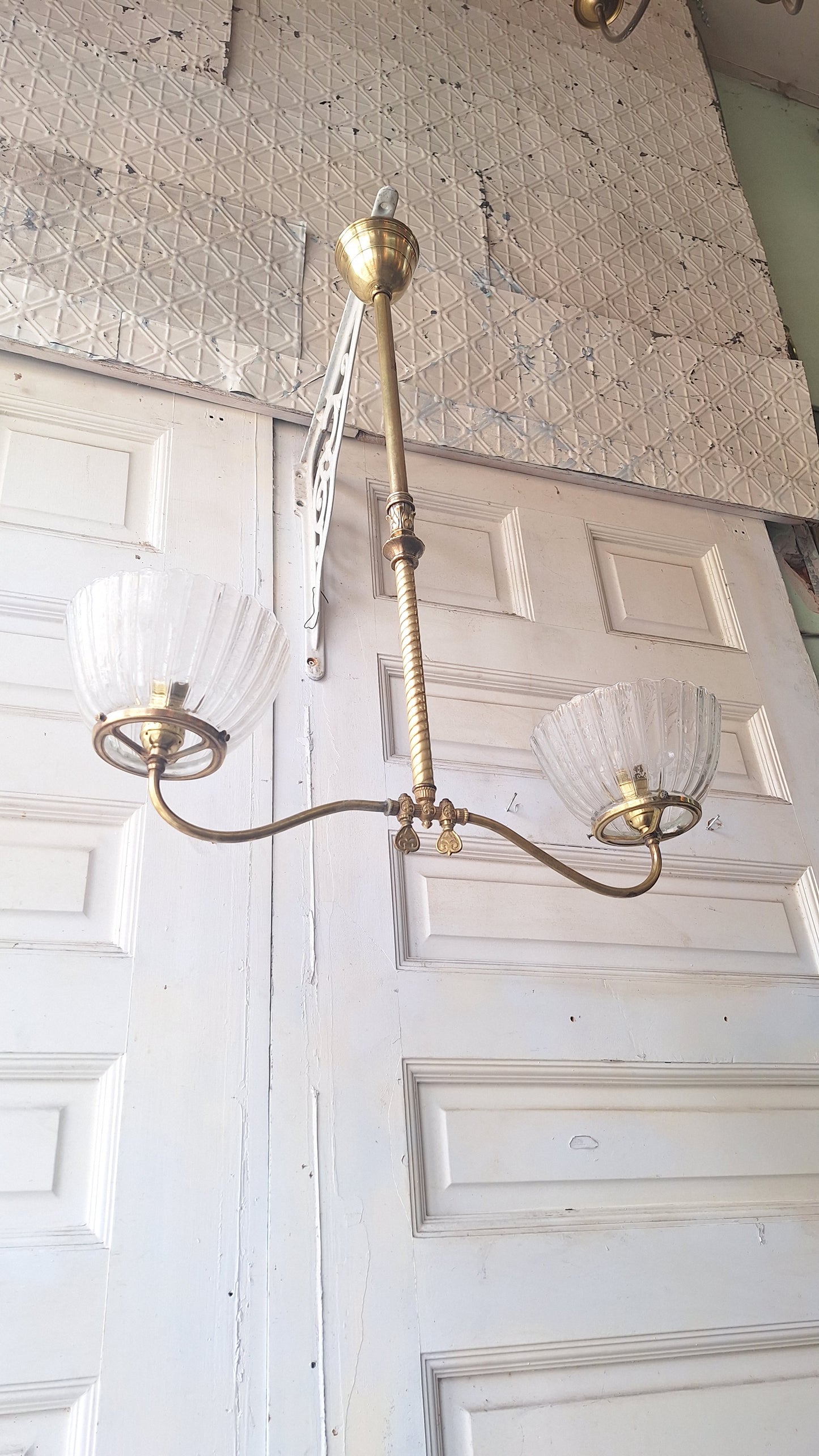 Victorian Gas Chandelier with Etched Glass Shades, Antique Ceiling Light from Victorian Home