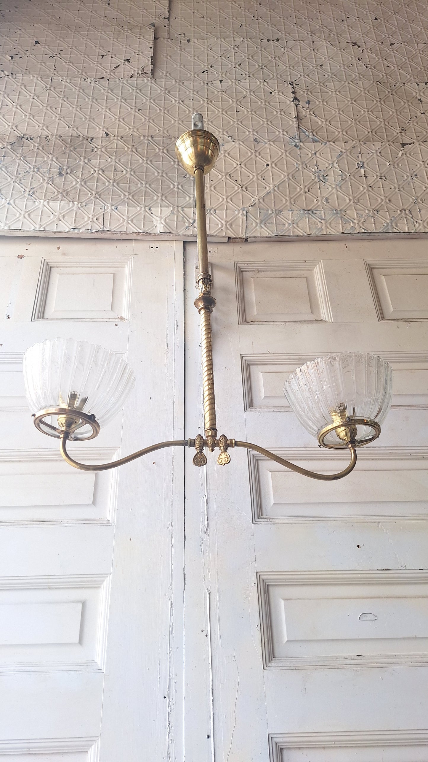 Victorian Gas Chandelier with Etched Glass Shades, Antique Ceiling Light from Victorian Home