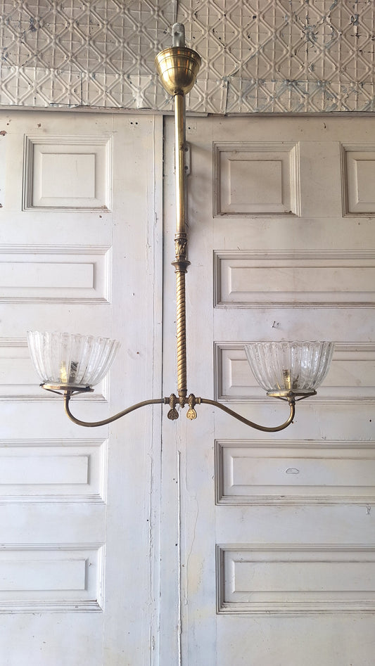 Victorian Gas Chandelier with Etched Glass Shades, Antique Ceiling Light from Victorian Home