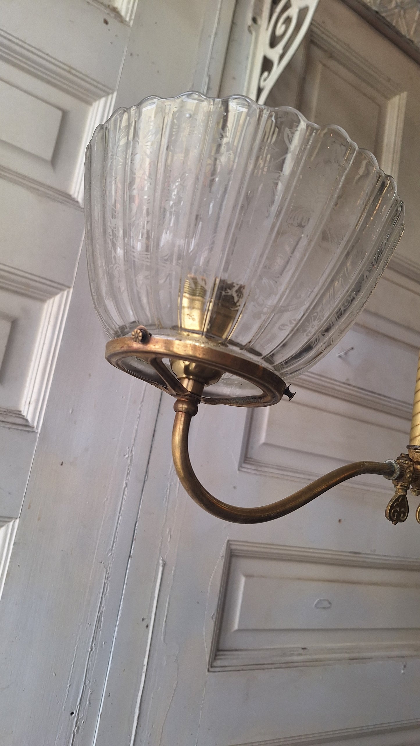 Victorian Gas Chandelier with Etched Glass Shades, Antique Ceiling Light from Victorian Home