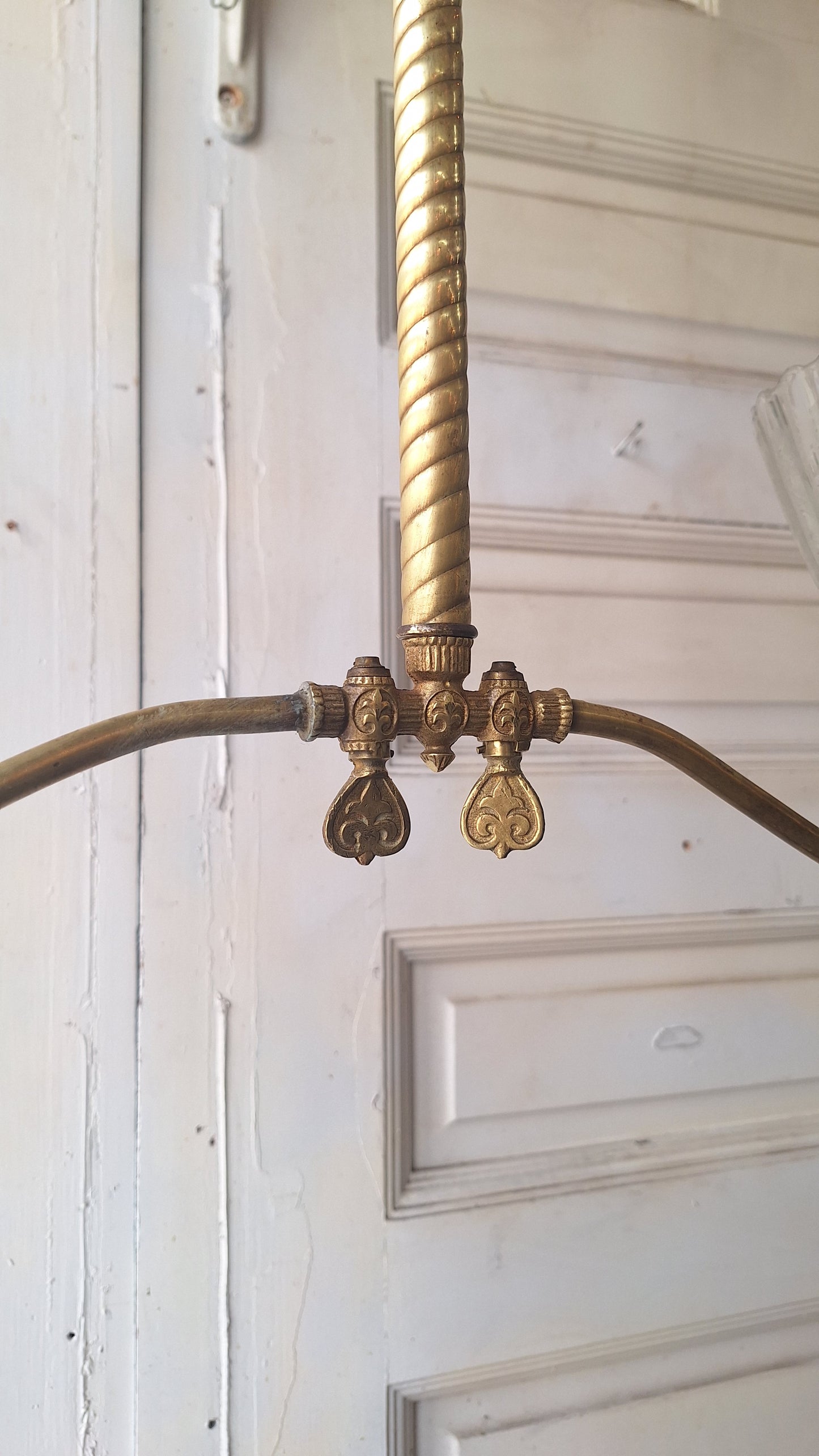 Victorian Gas Chandelier with Etched Glass Shades, Antique Ceiling Light from Victorian Home