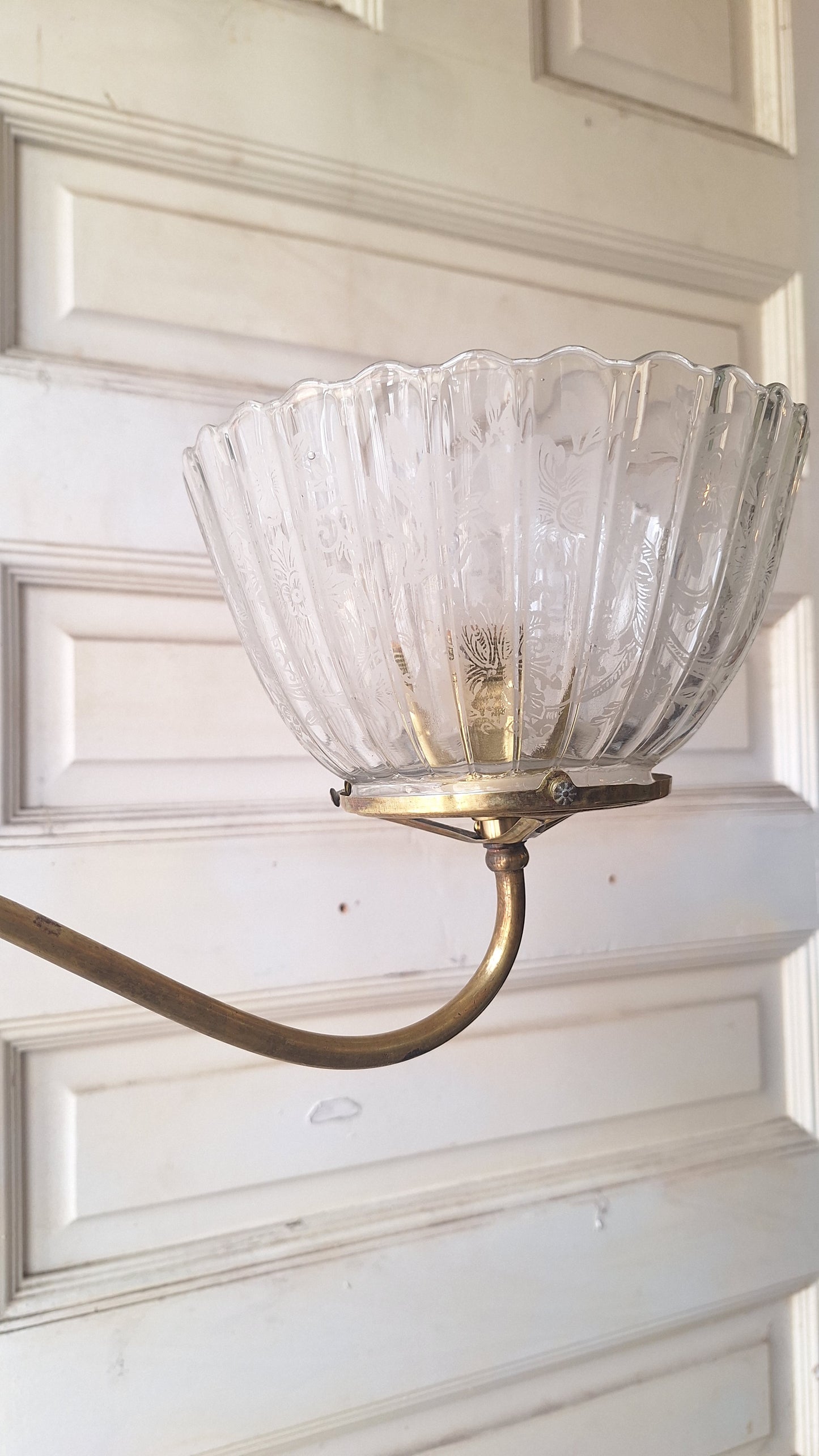 Victorian Gas Chandelier with Etched Glass Shades, Antique Ceiling Light from Victorian Home