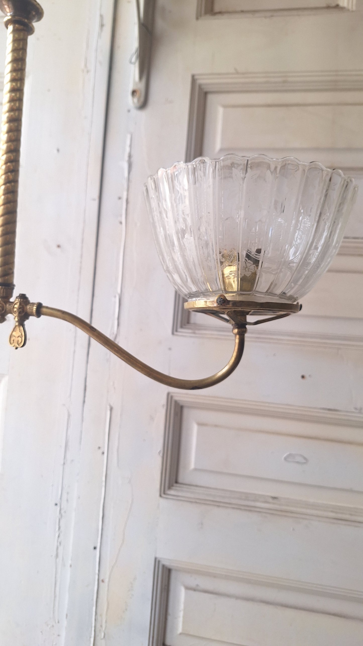 Victorian Gas Chandelier with Etched Glass Shades, Antique Ceiling Light from Victorian Home