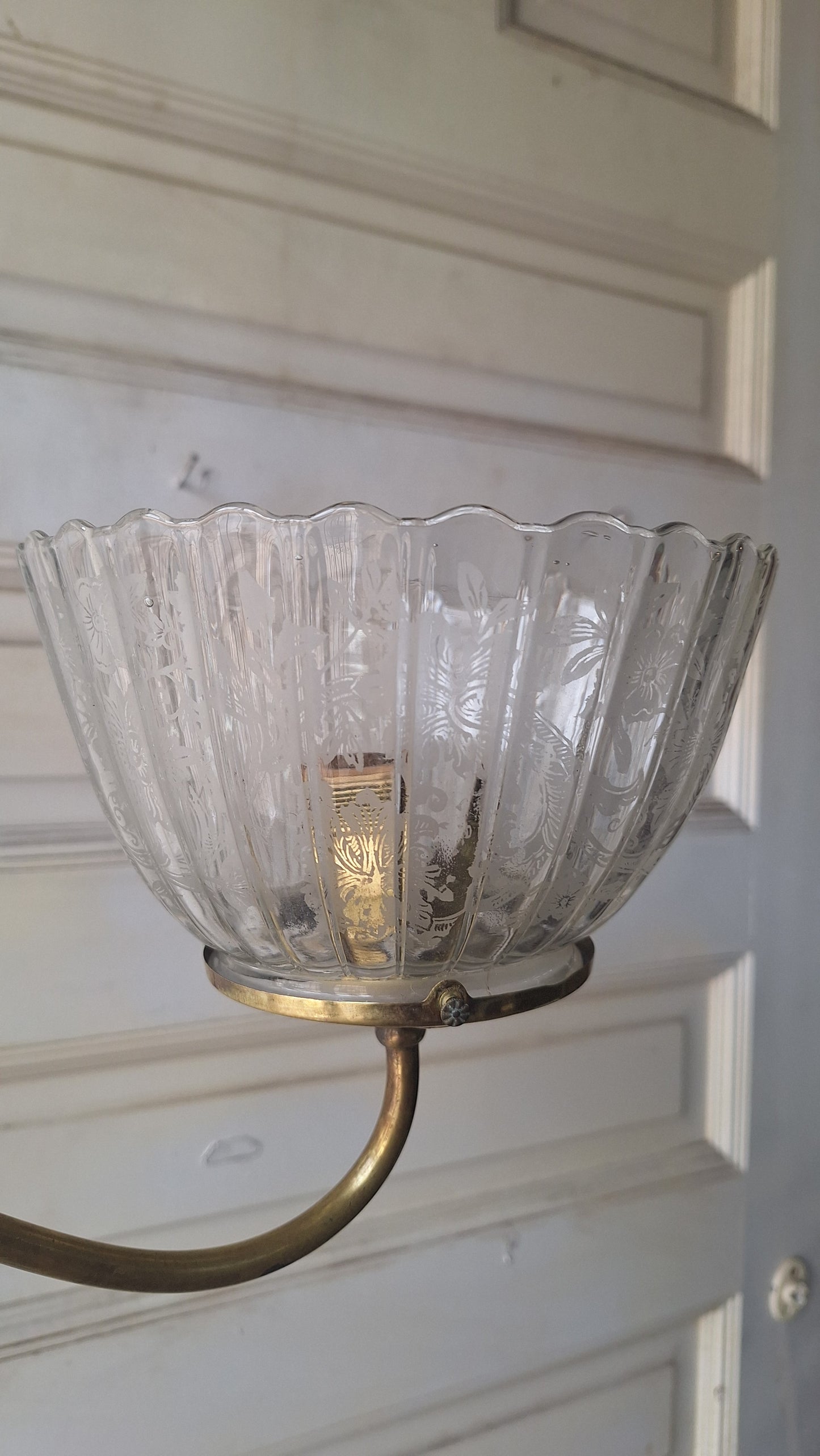 Victorian Gas Chandelier with Etched Glass Shades, Antique Ceiling Light from Victorian Home