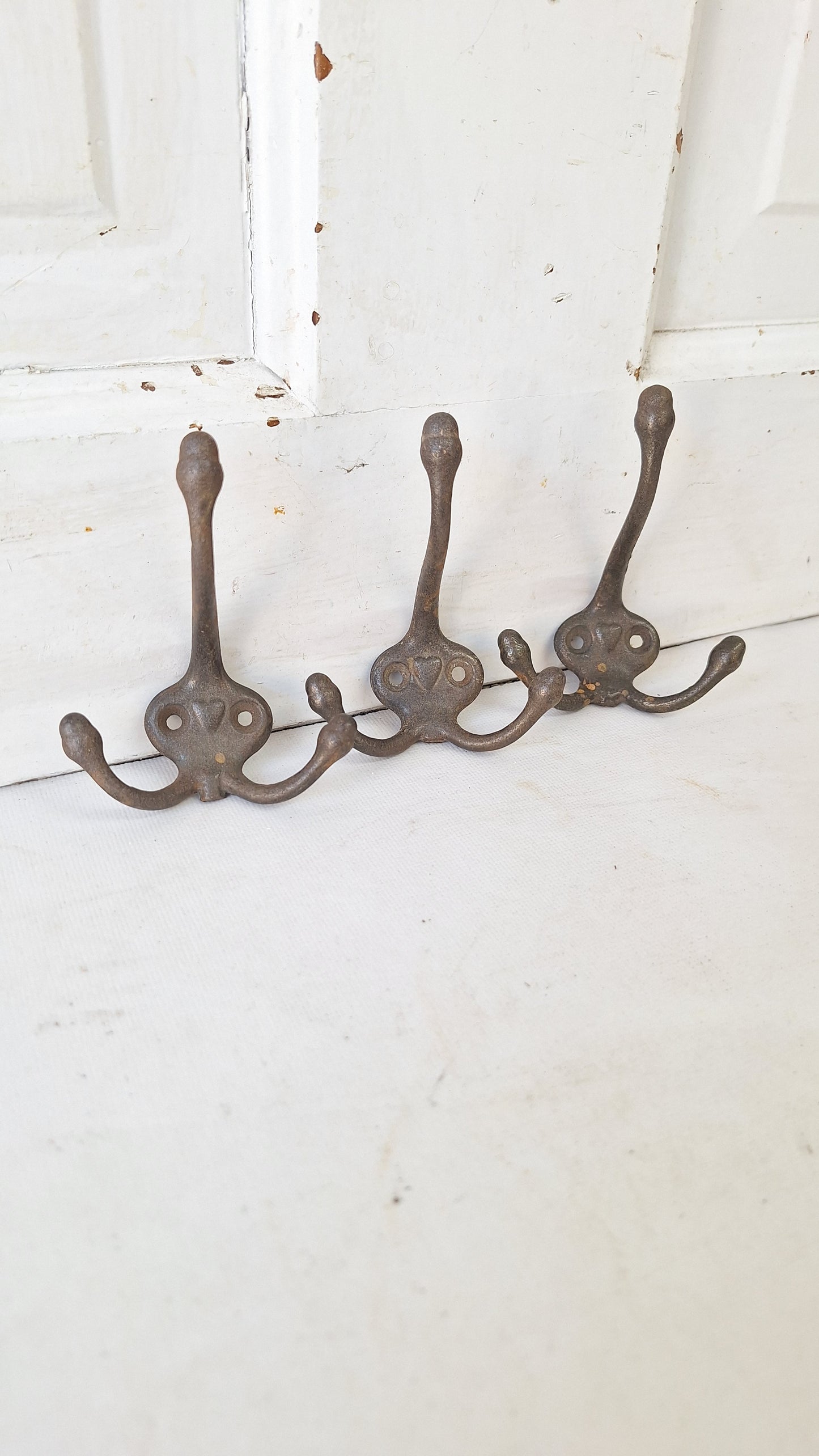Antique Cast Iron Heart & Acorn Hooks - Set of 3