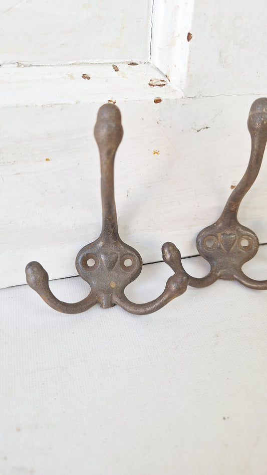 Antique Cast Iron Heart & Acorn Hooks - Set of 3