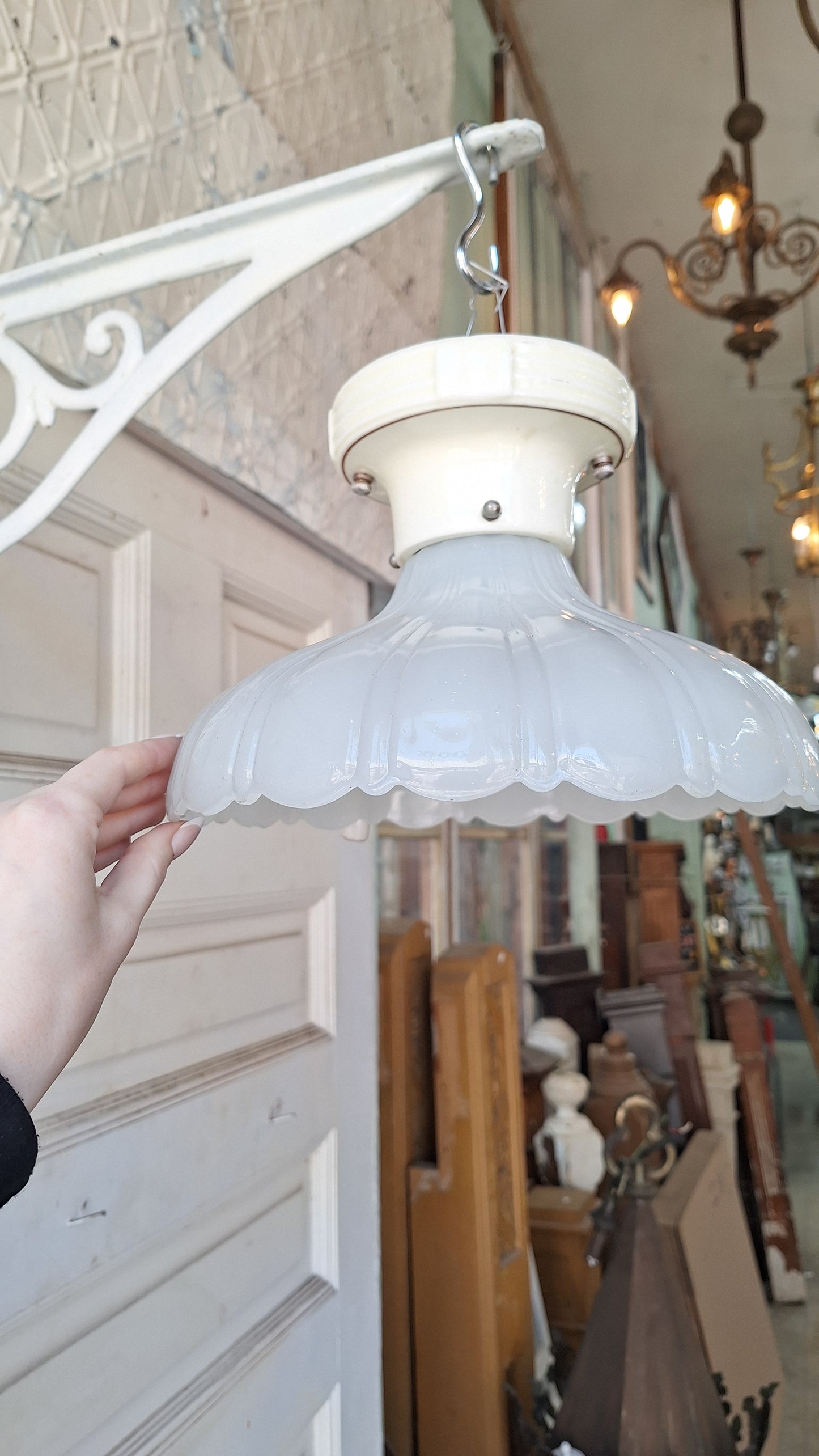 Scalloped Clam Broth Light Fixture, Vintage Pull Chain Fixture
