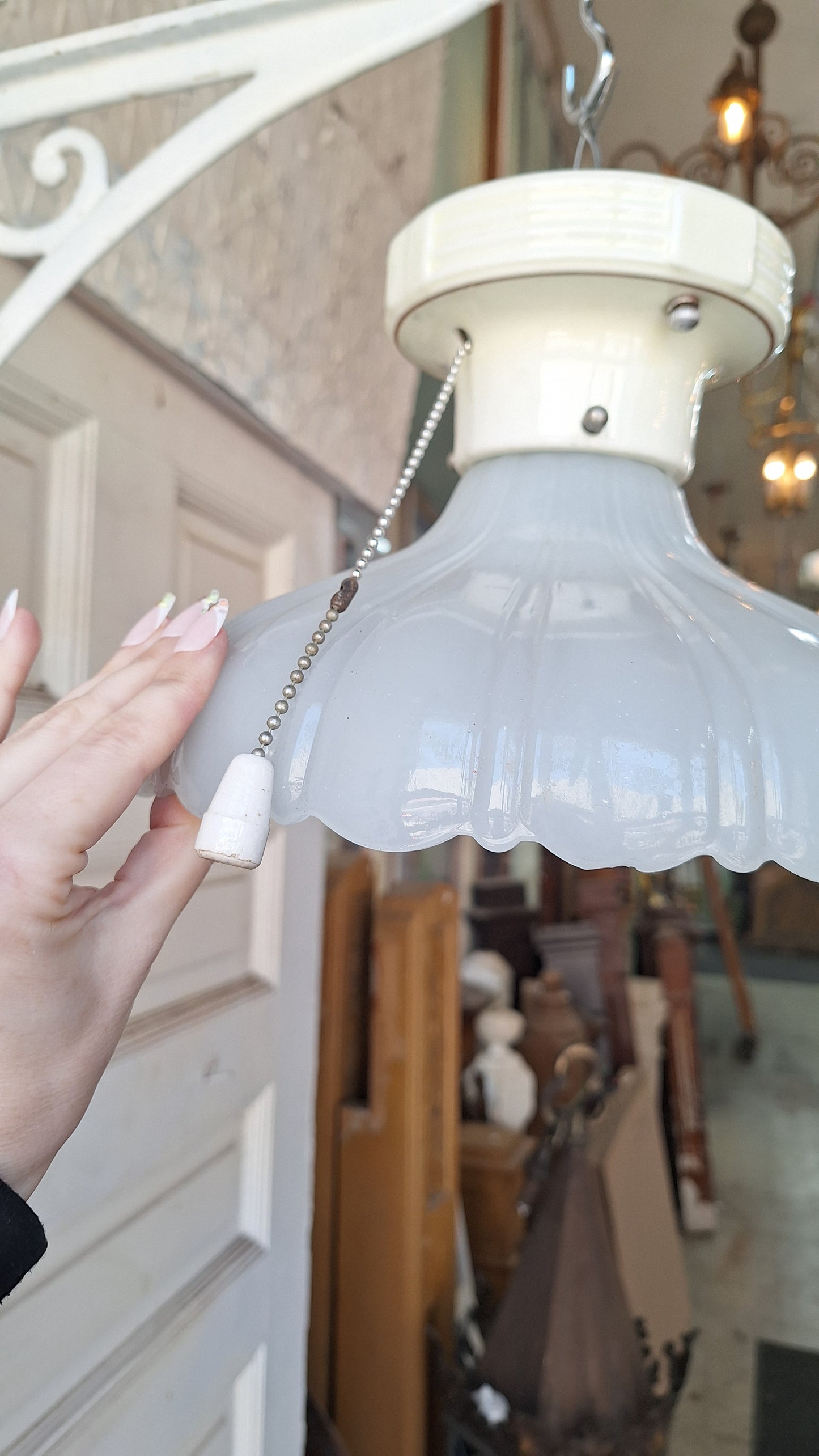 Scalloped Clam Broth Light Fixture, Vintage Pull Chain Fixture
