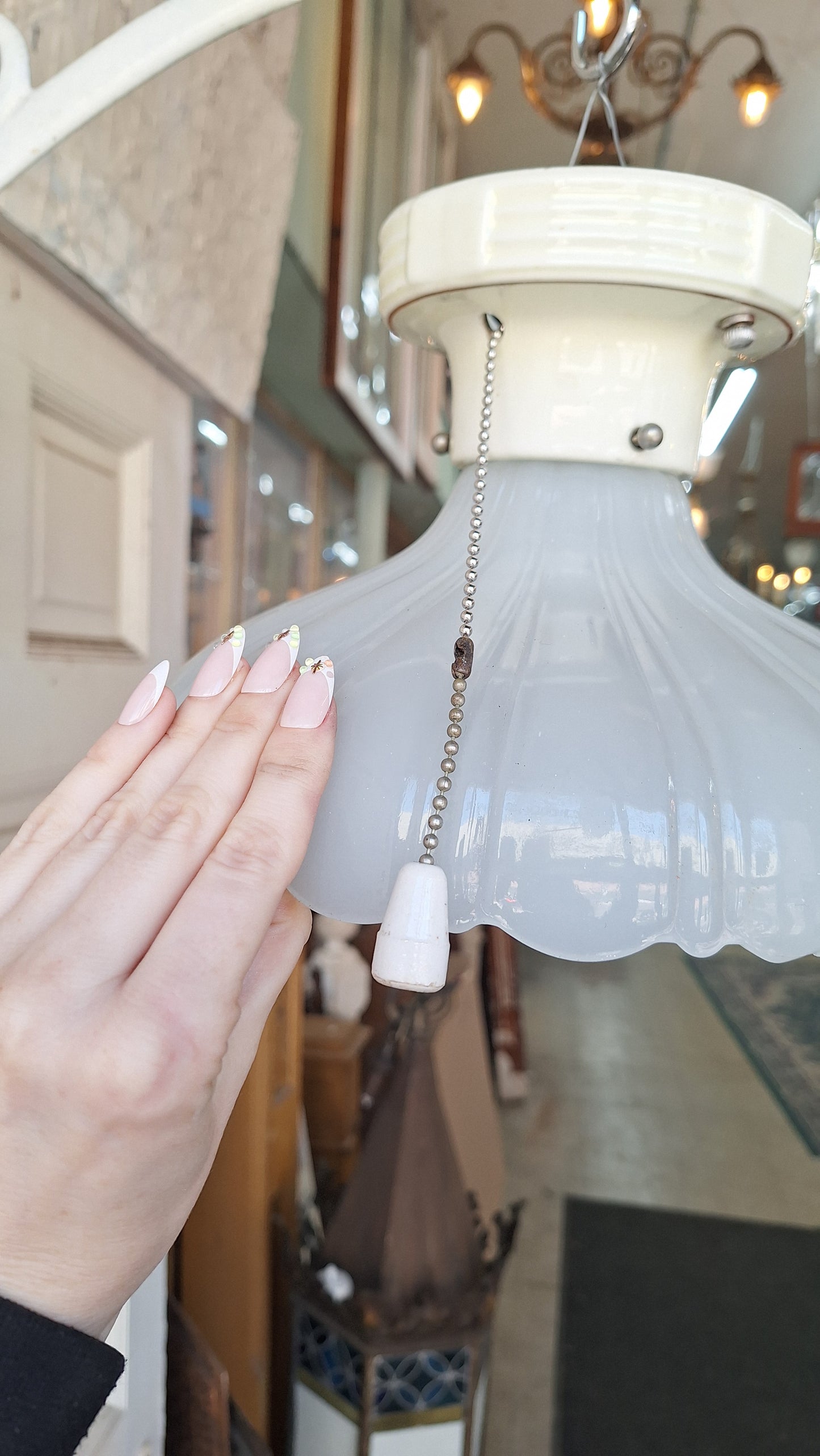 Scalloped Clam Broth Light Fixture, Vintage Pull Chain Fixture