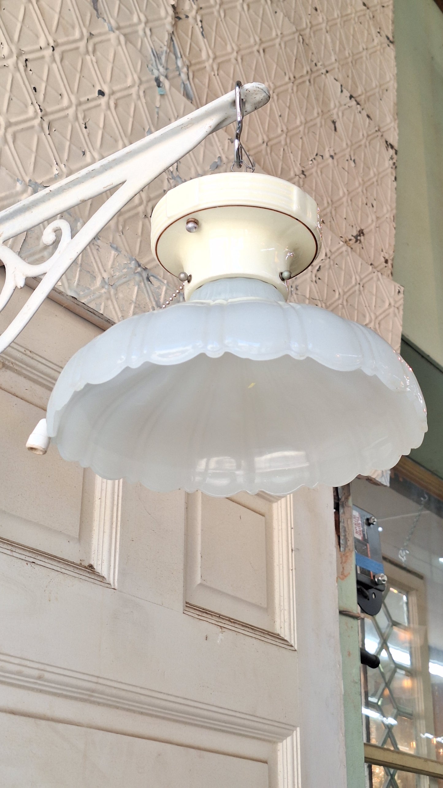 Scalloped Clam Broth Light Fixture, Vintage Pull Chain Fixture