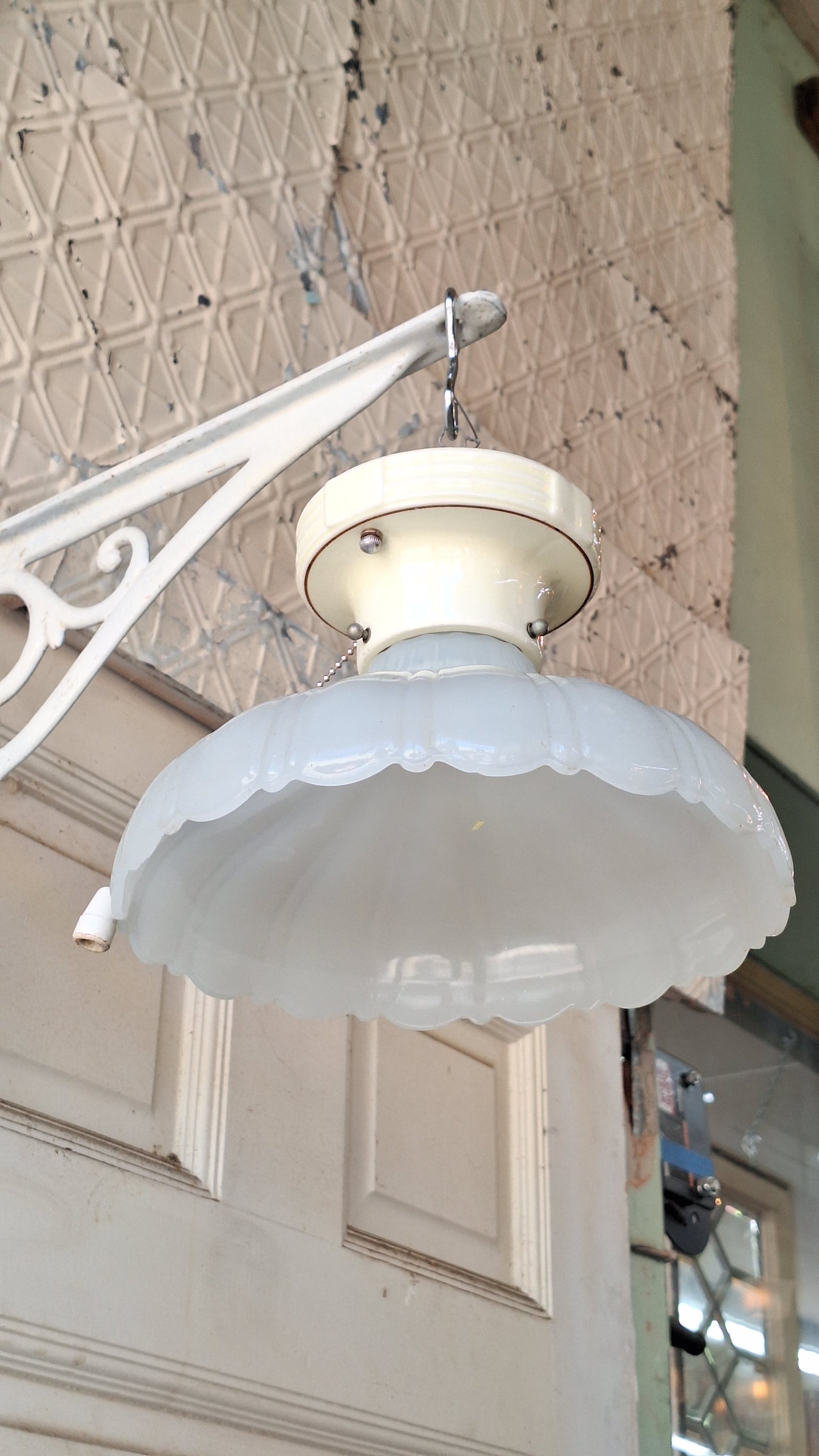 Scalloped Clam Broth Light Fixture, Vintage Pull Chain Fixture