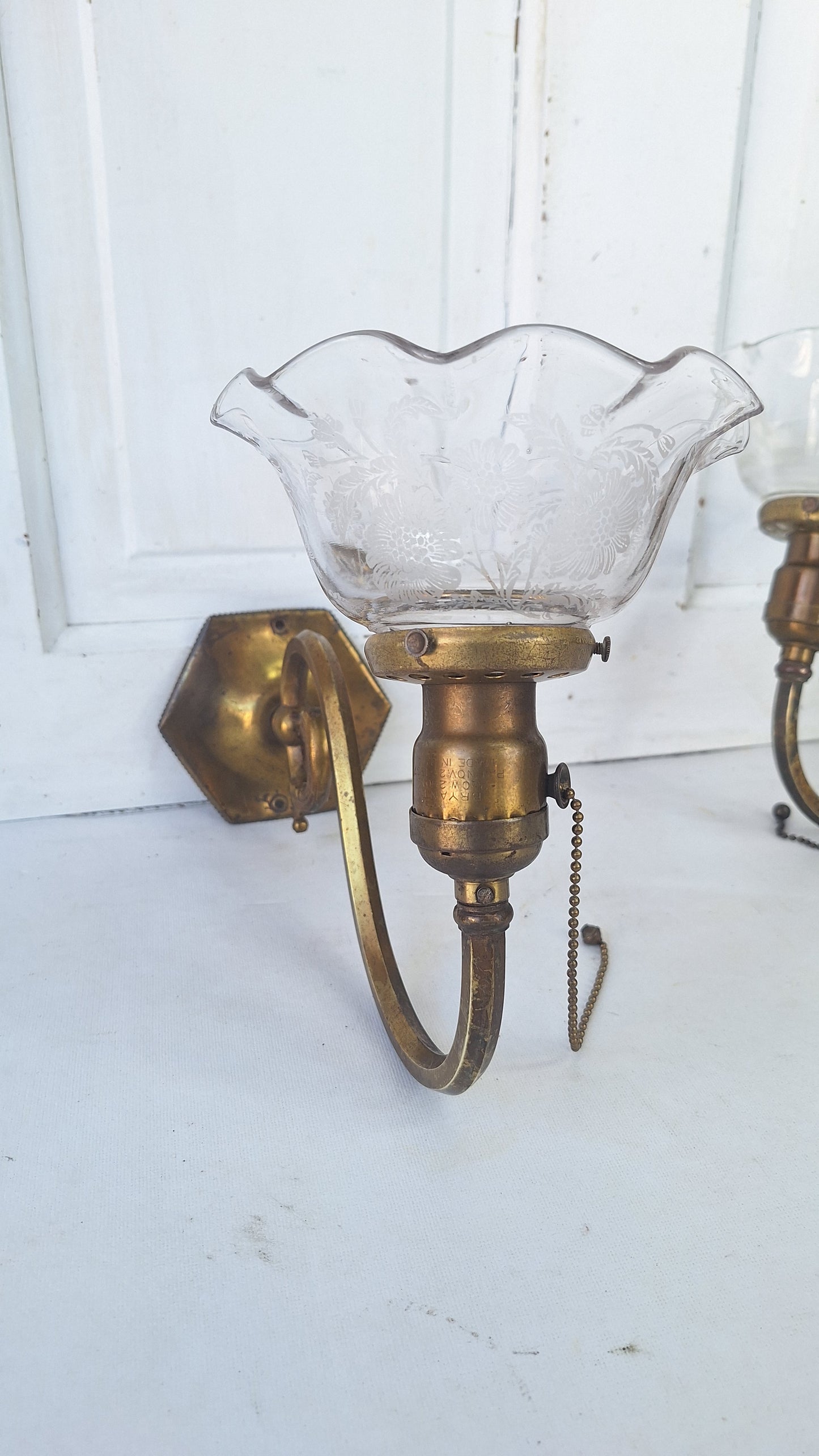 Antique Brass Sconces with Etched Glass Shades and Bird Carvings