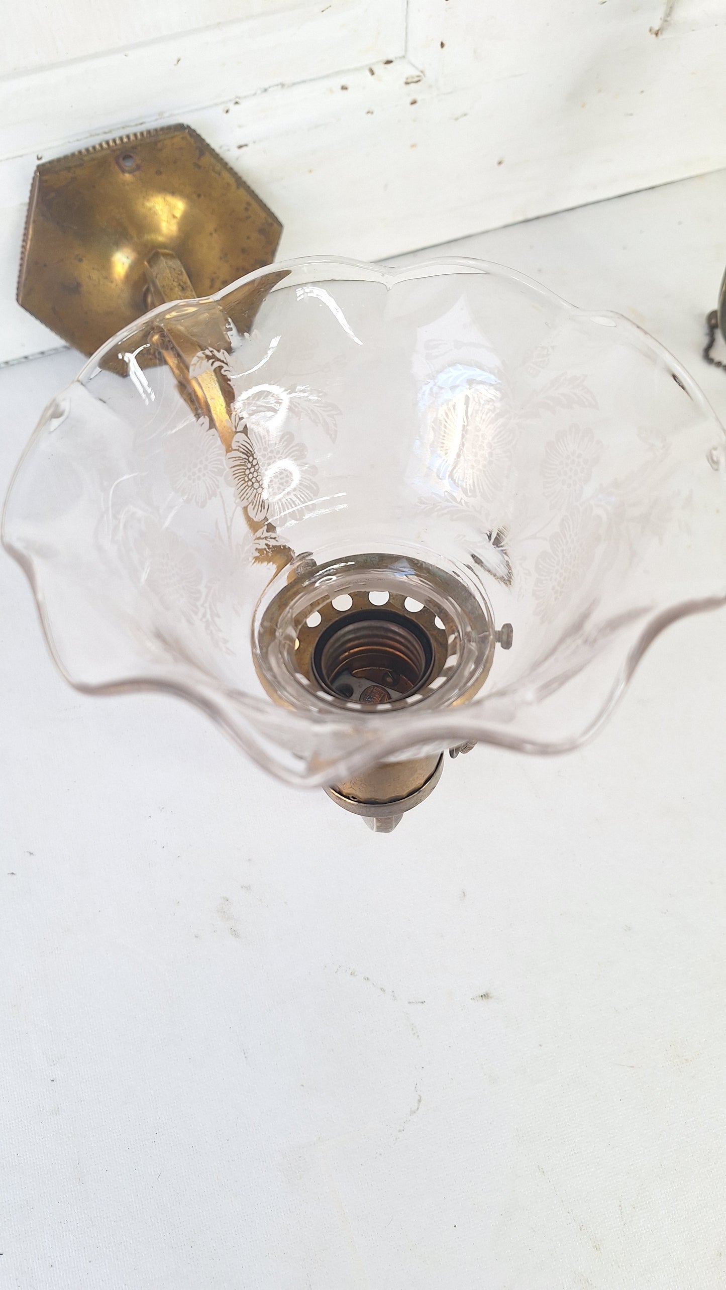 Antique Brass Sconces with Etched Glass Shades and Bird Carvings